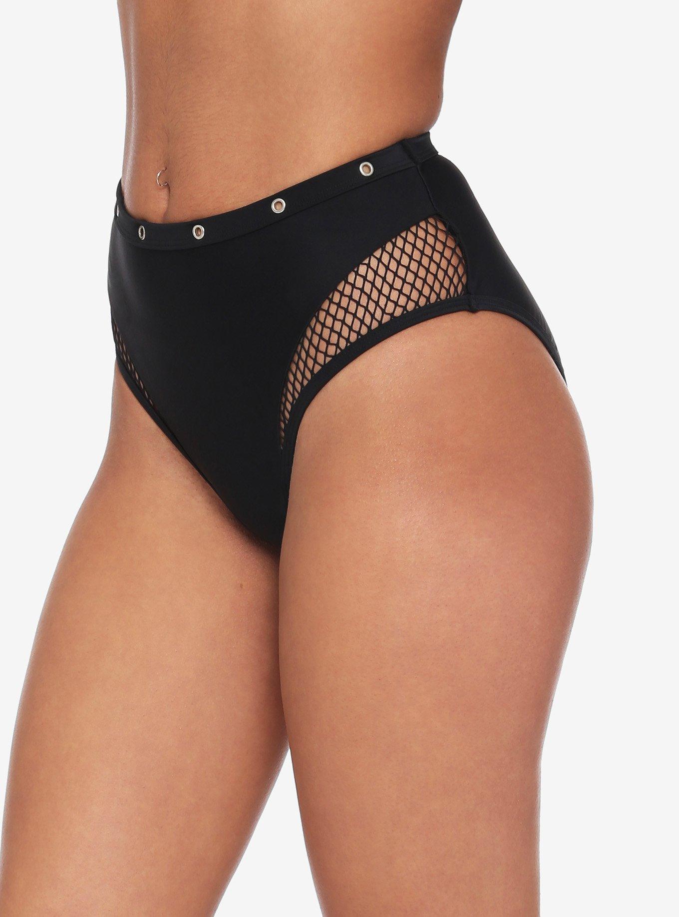 Black Fishnet Grommet High-Waisted Swim Bottoms, BLACK, hi-res