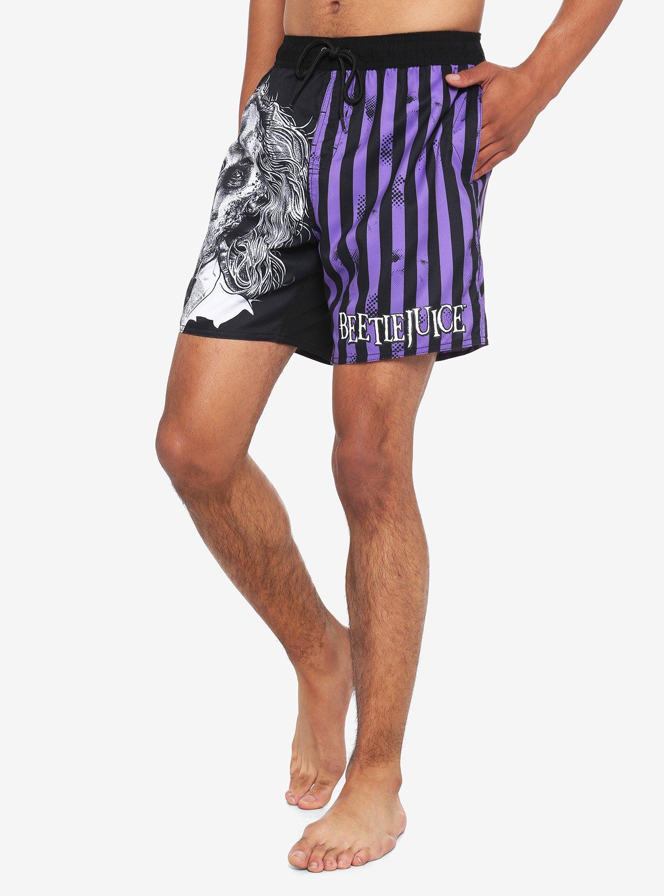 Beetlejuice Purple & Black Stripe Swim Trunks, MULTI, hi-res
