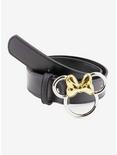 Disney Minnie Mouse Figural Silver and Gold Buckle Vegan Leather Belt, BLACK, hi-res