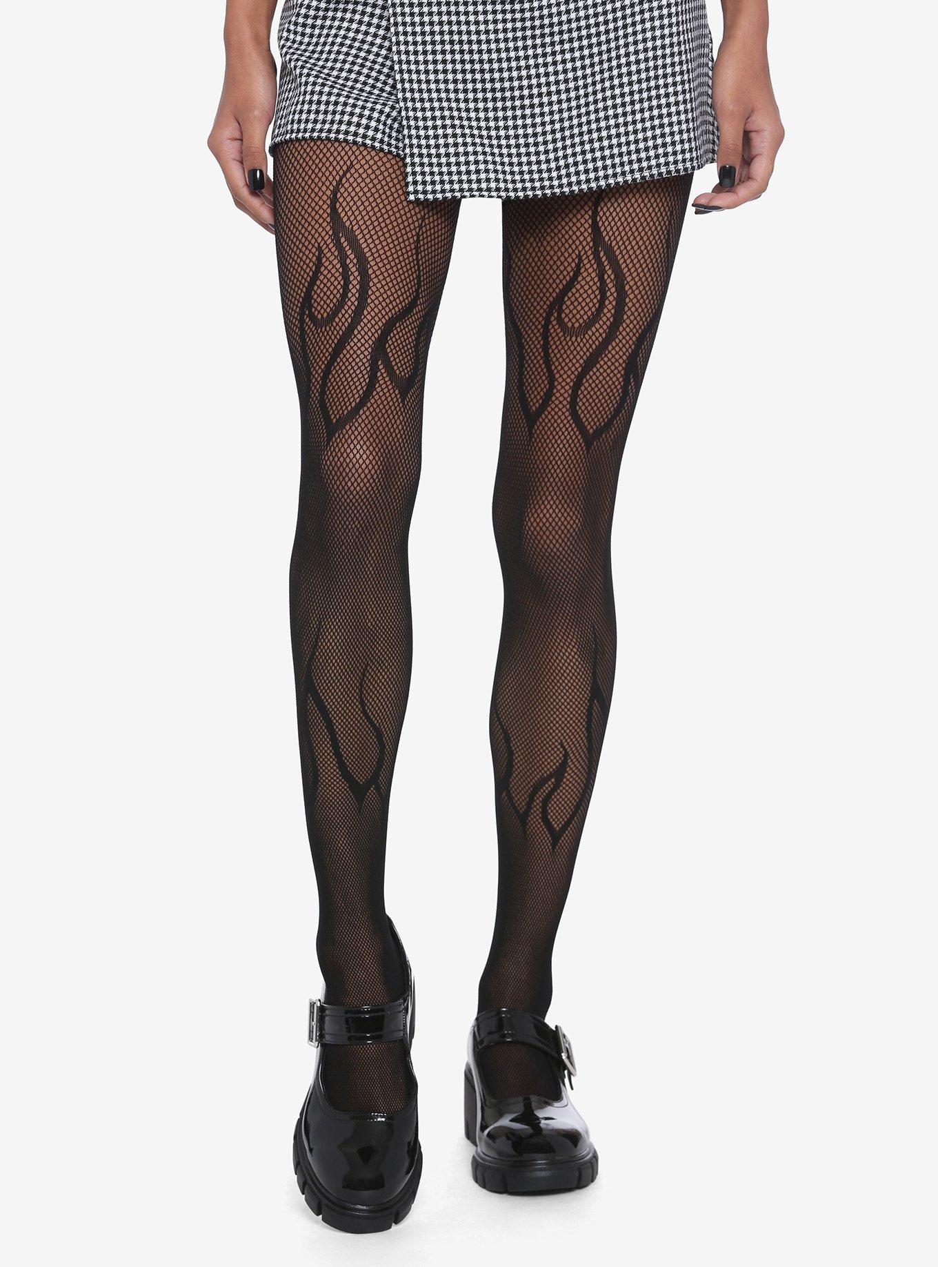 Fire Me Up Fish Net Flame Tights - Black