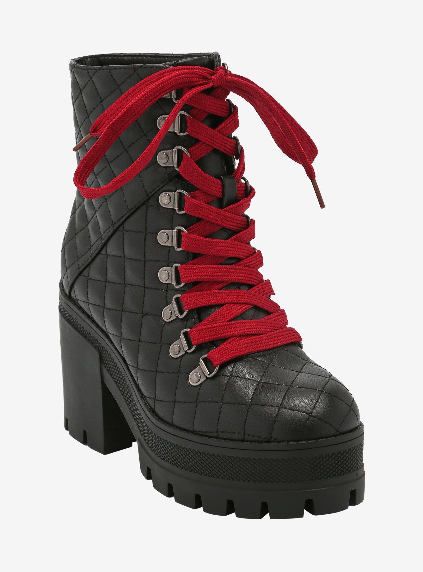 Black combat boots store with red laces