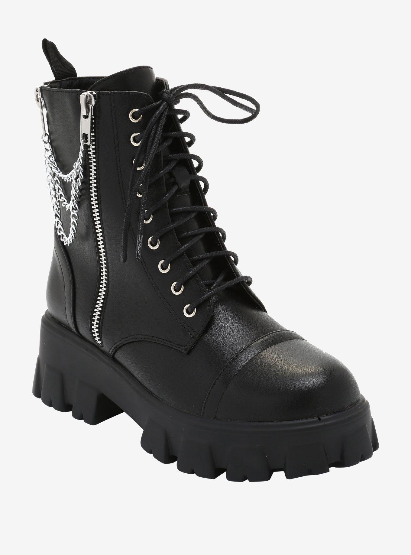 Double Zipper Chain Black Combat Boots | Hot Topic