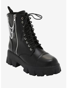Double Zipper Chain Black Combat Boots, , hi-res
