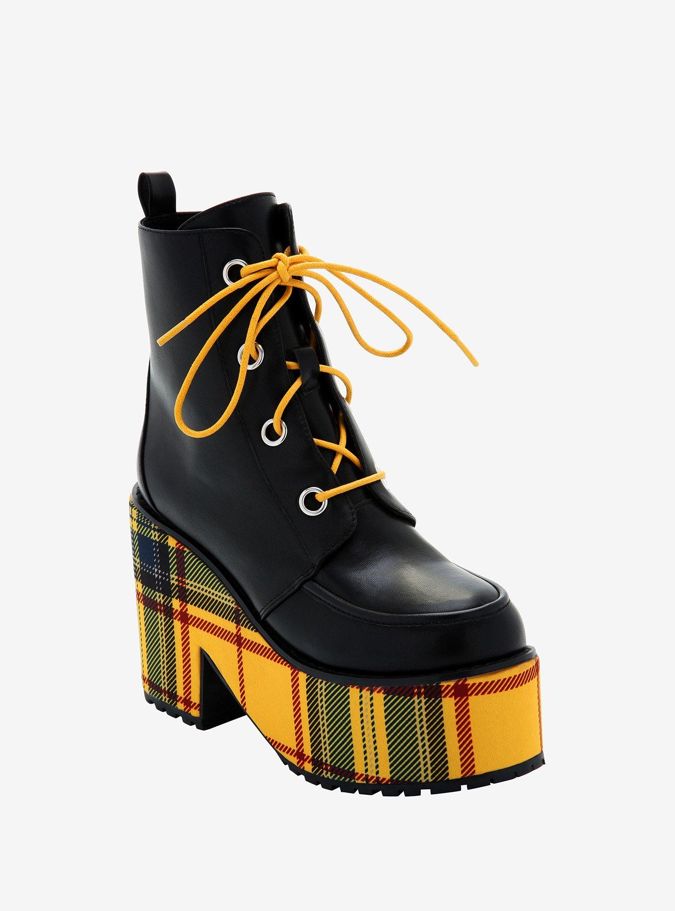 Black Yellow Plaid Platform Booties, MULTI, hi-res