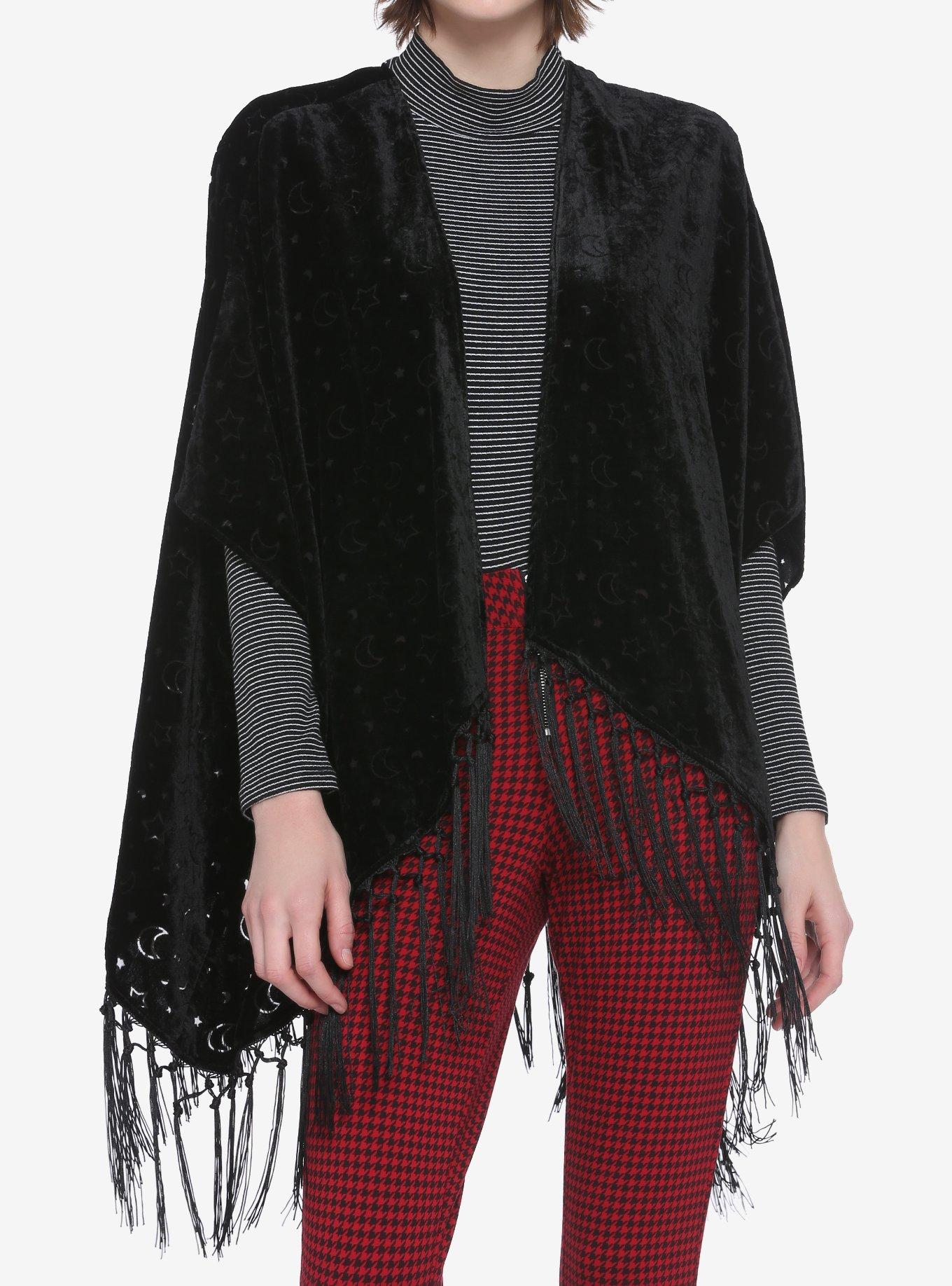 Moon & Star Burnout Velvet Kimono, BLACK, hi-res