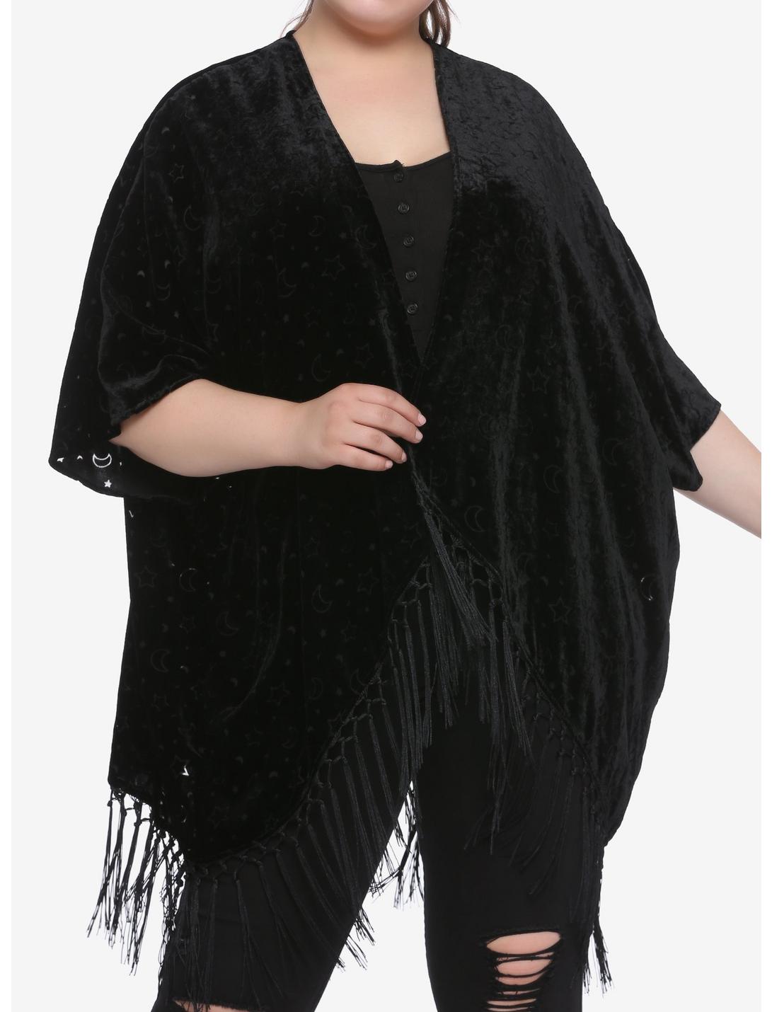 Moon & Star Burnout Velvet Kimono Plus Size, BLACK, hi-res