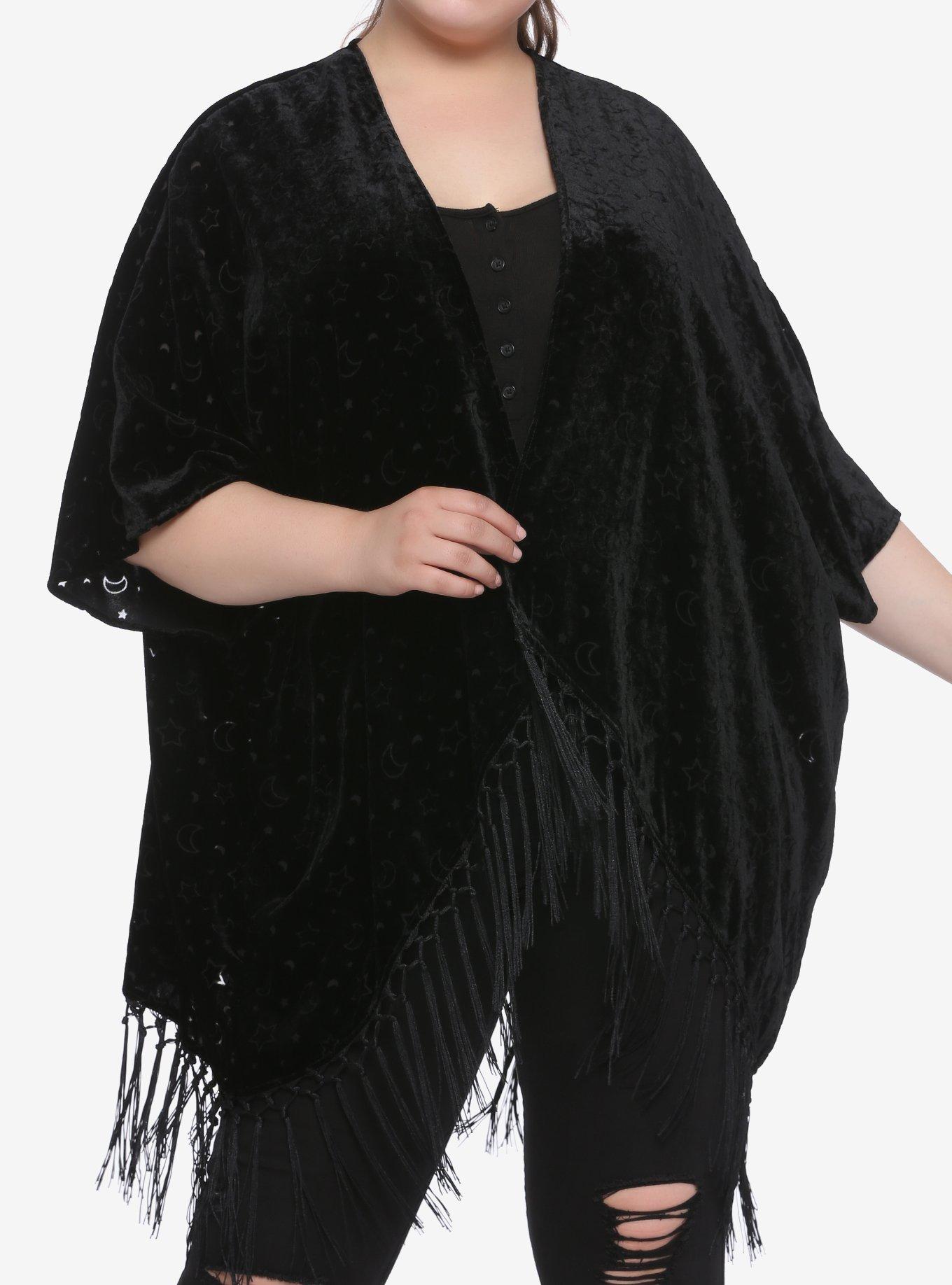 Moon & Star Burnout Velvet Kimono Plus Size, BLACK, hi-res