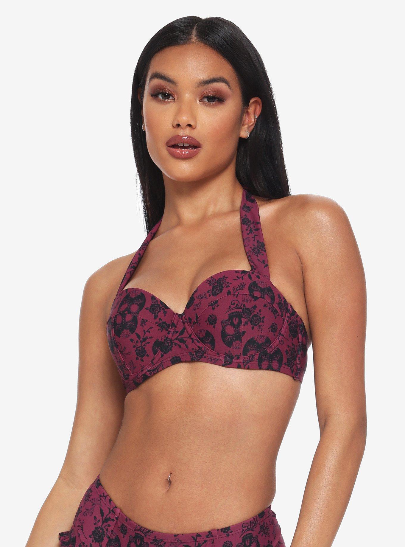 Maroon Floral Sugar Skull Halter Swim Top, RED, hi-res