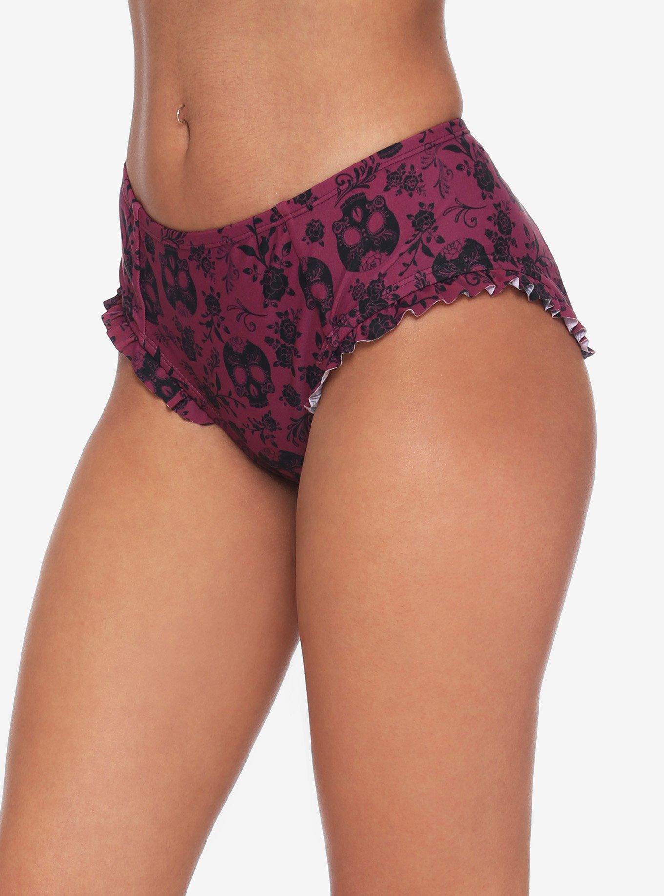 Maroon Floral Sugar Skull High-Waisted Swim Bottoms, RED, hi-res