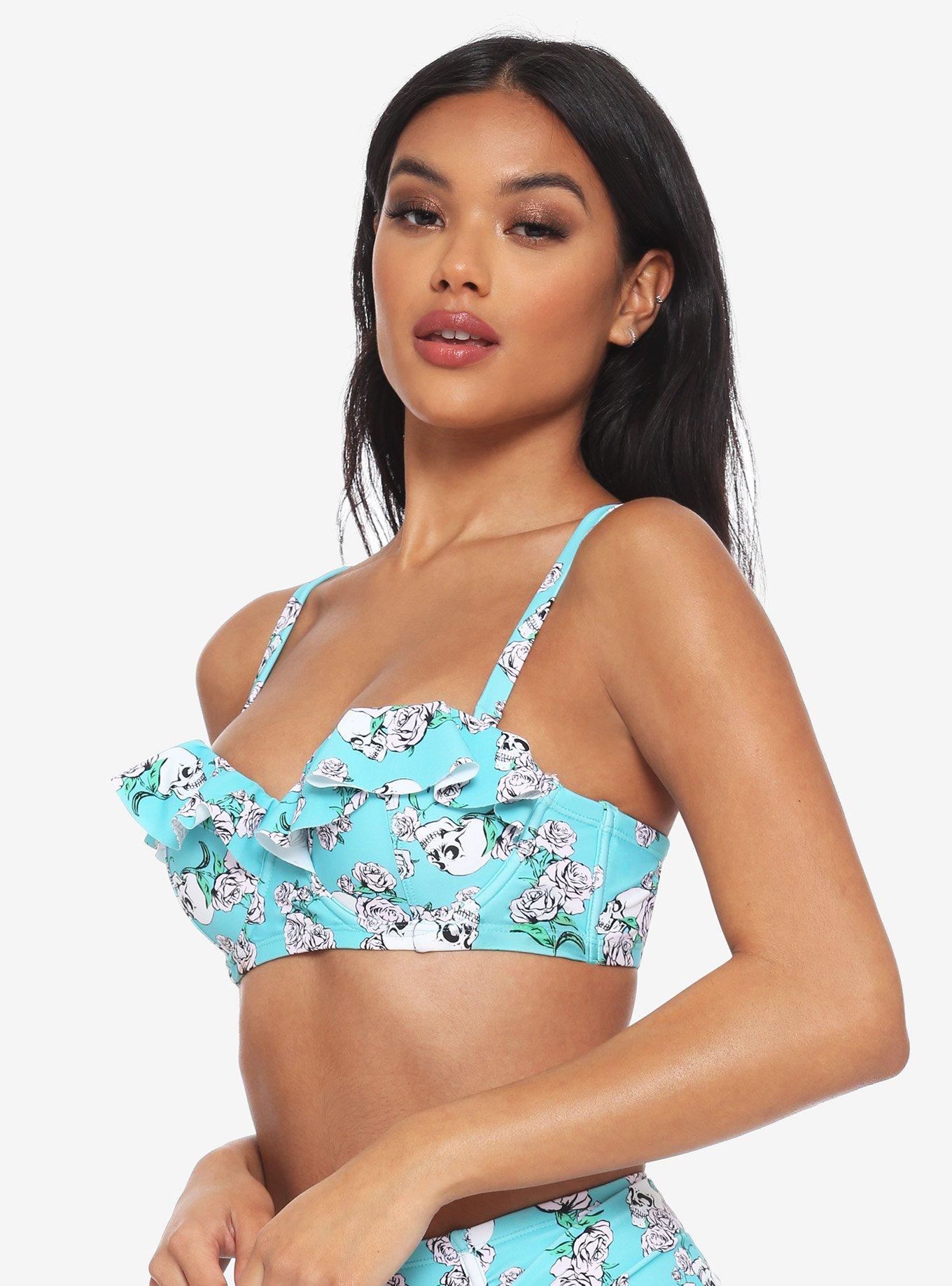 Turquoise Skull Rose Ruffle Bandeau Swim Top, BLACK, hi-res