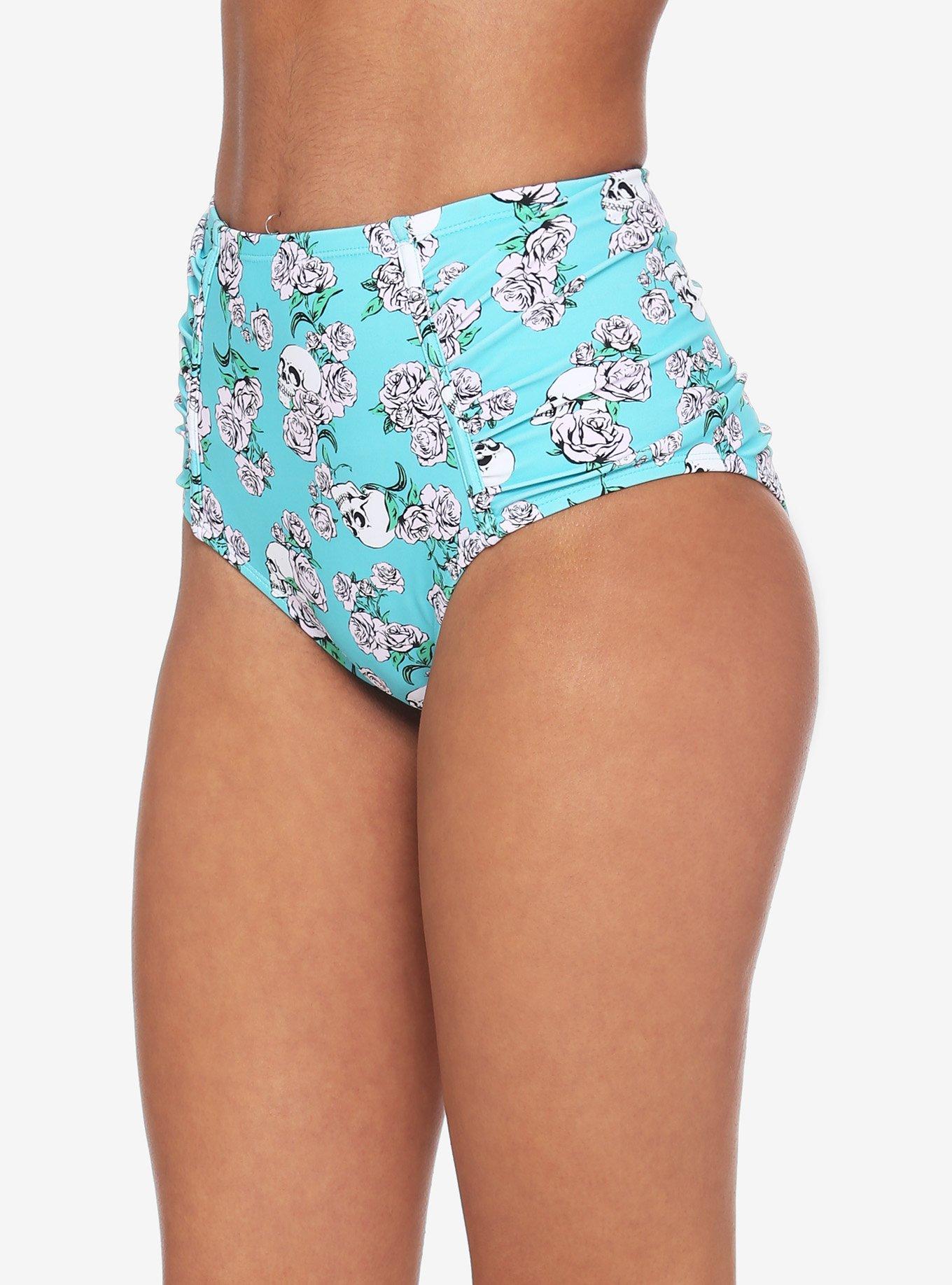 Turquoise Skull Rose High-Waisted Swim Bottoms, BLACK, hi-res