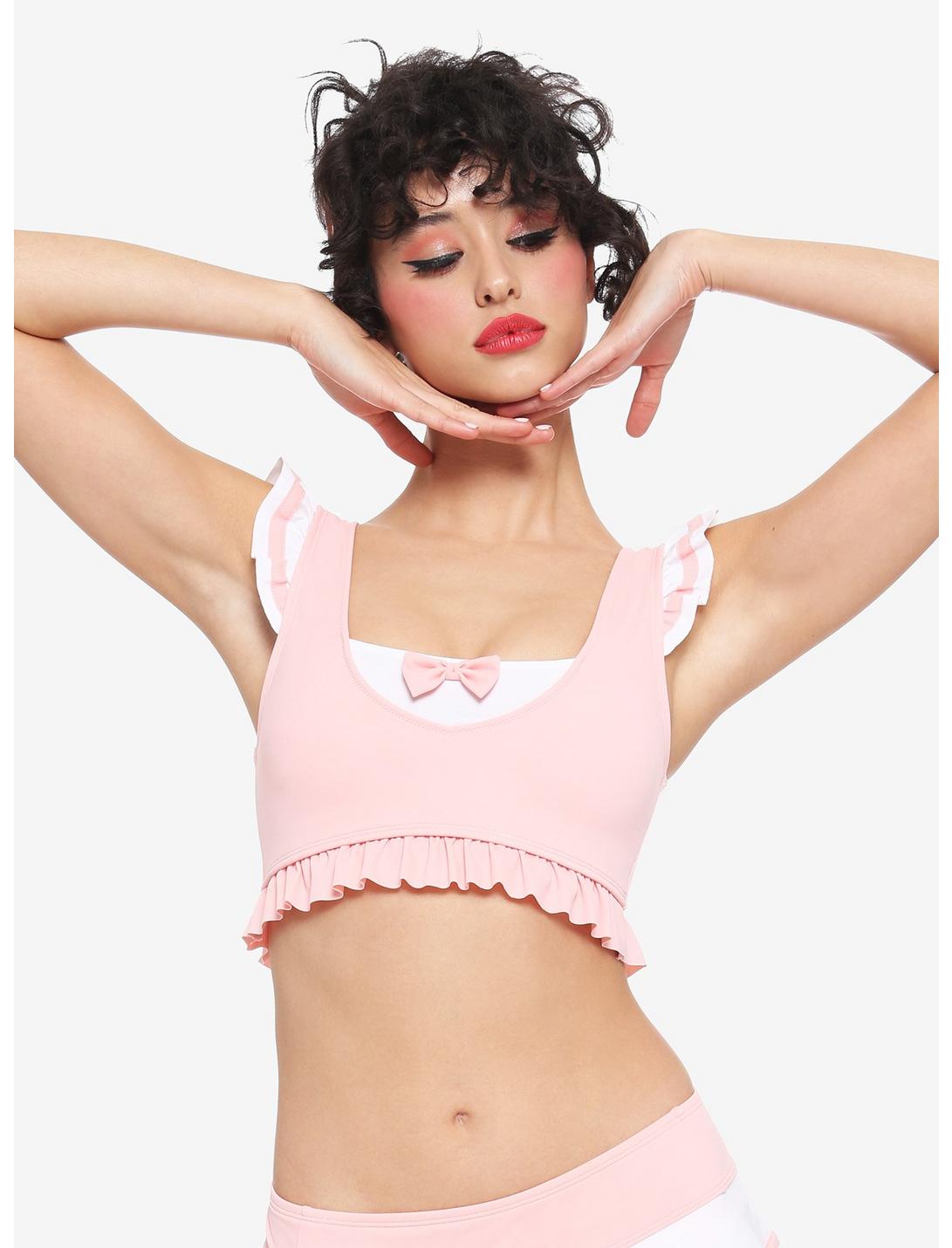 Pink & White Sailor Ruffle Swim Top, WHITE, hi-res