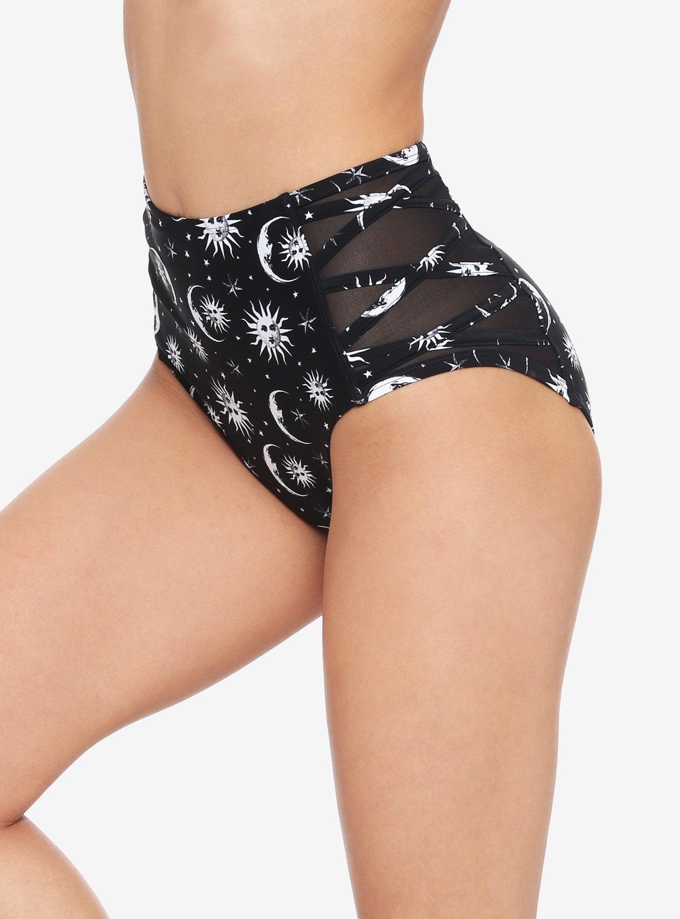 Black & White Celestial Mesh Panel High-Waisted Swim Bottoms, WHITE, hi-res