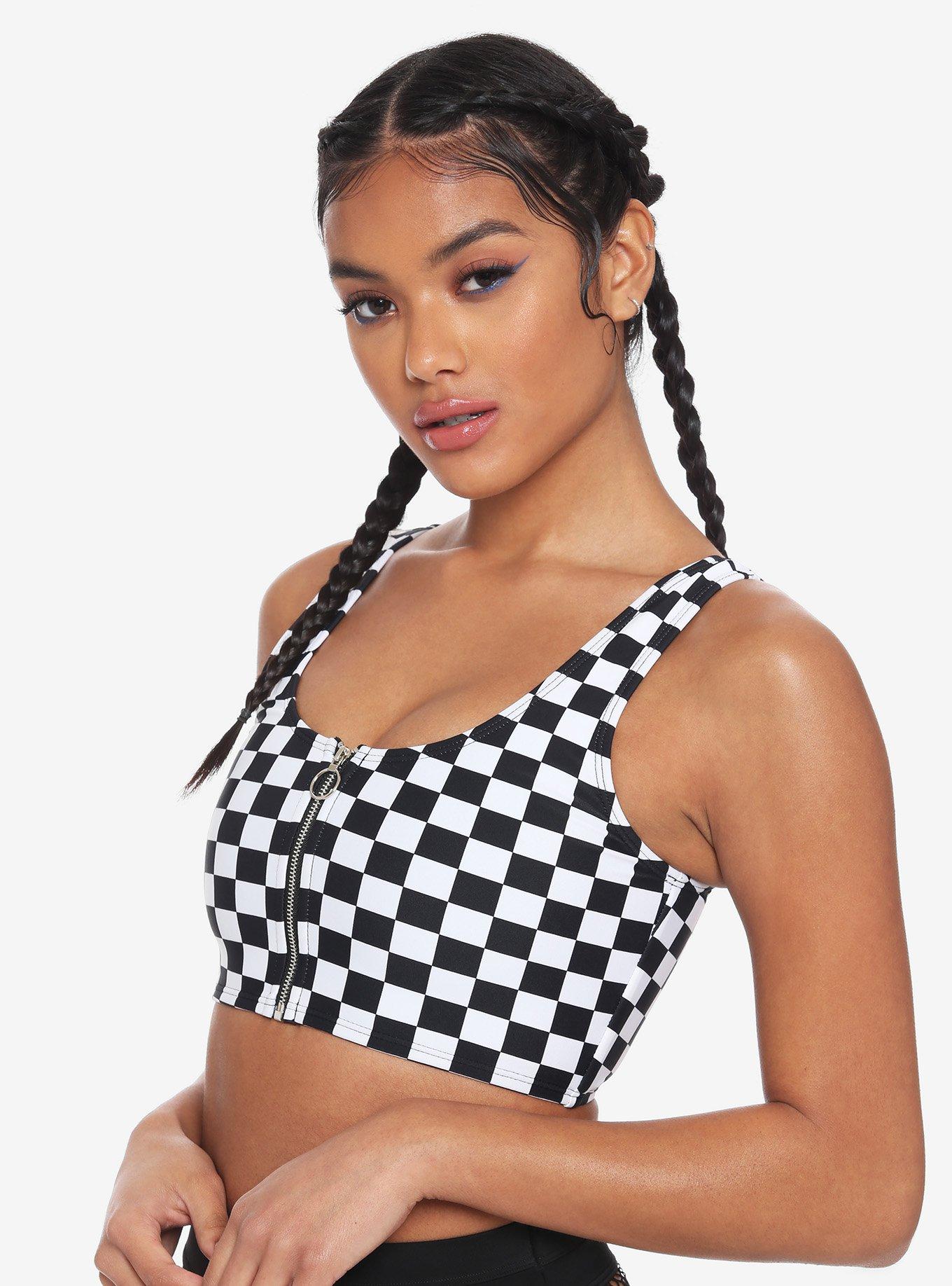 Black & White Checkered O-Ring Swim Top, WHITE, hi-res