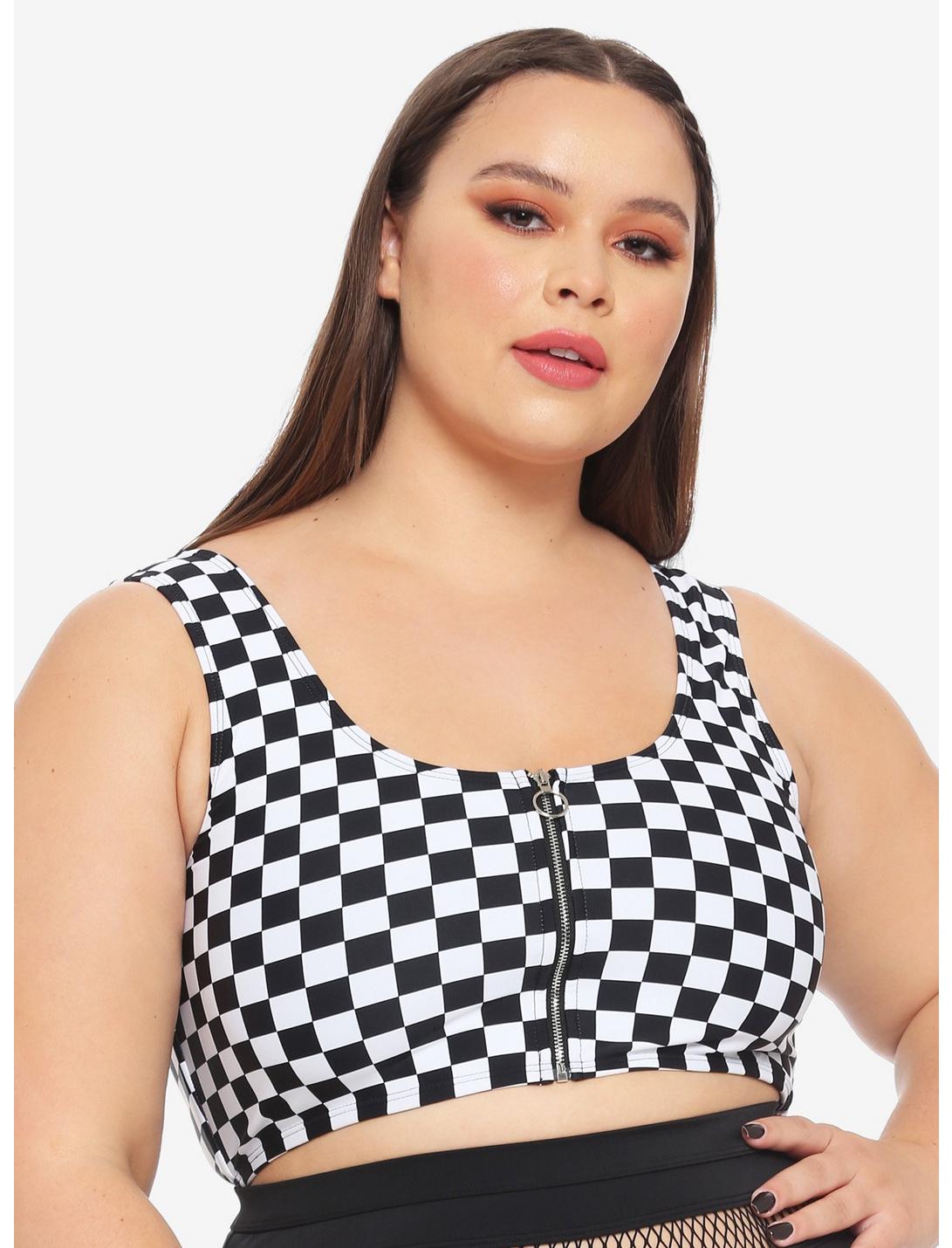 Black & White Checkered O-Ring Swim Top Plus Size, WHITE, hi-res