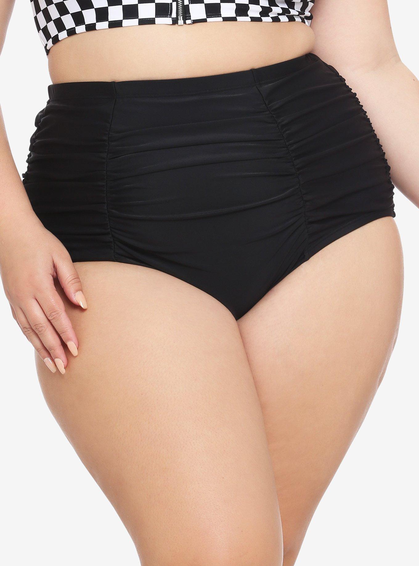 Black Ruched High-Waisted Swim Bottoms Plus Size, WHITE, hi-res