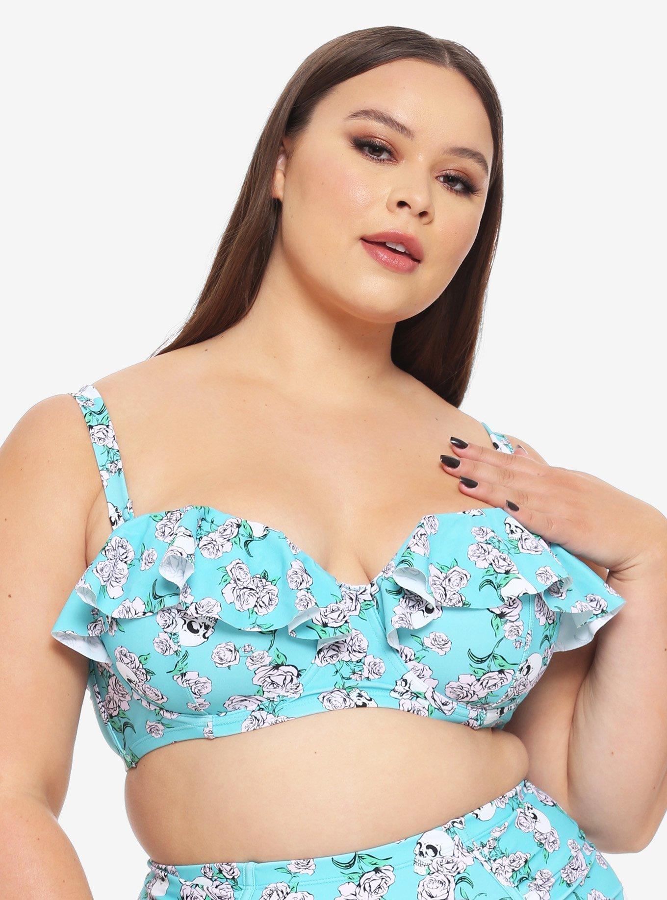 Turquoise Skull Rose Ruffle Bandeau Swim Top Plus Size, MULTI, hi-res
