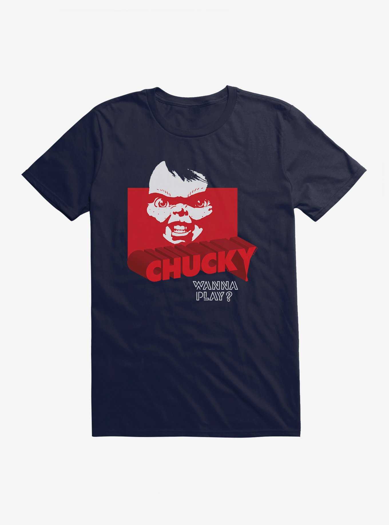 Chucky Wanna Play Red Font T-Shirt, , hi-res