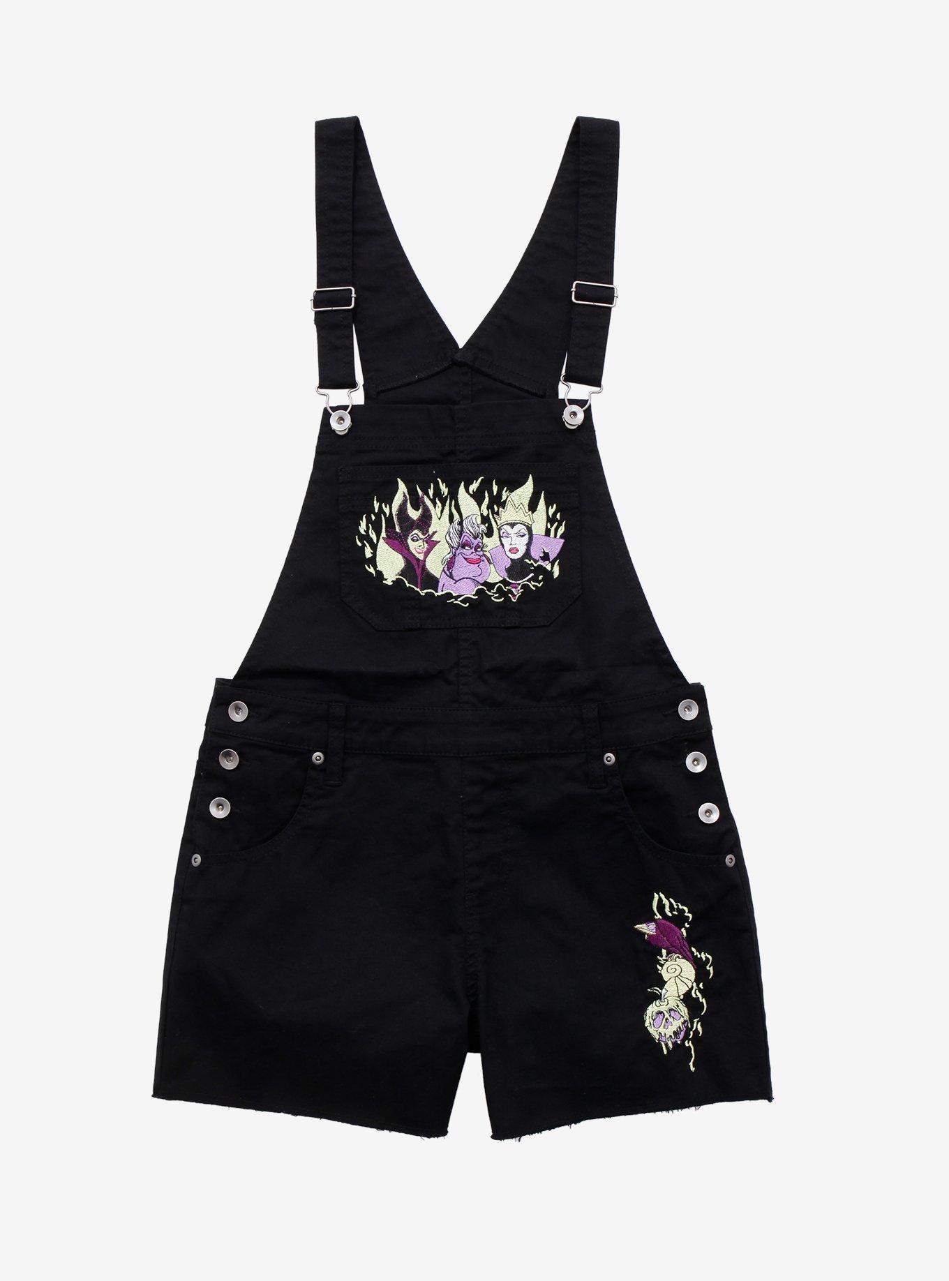 Disney Villains Embroidered Black Denim Shortalls Plus Size, MULTI, hi-res
