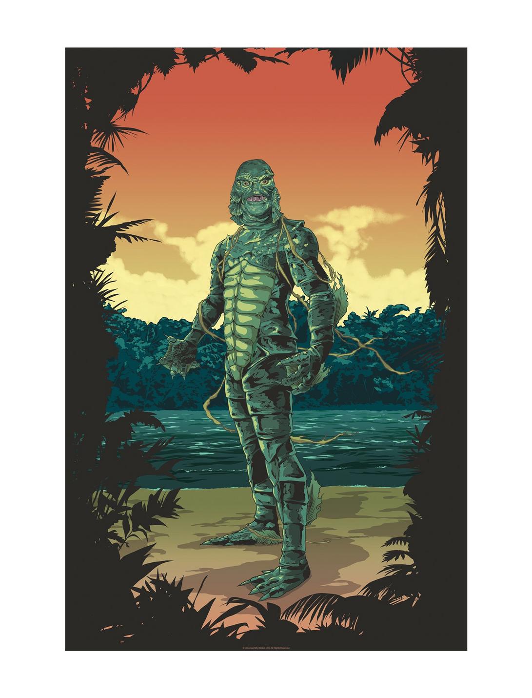 Universal Monsters Creature From The Black Lagoon Comic Art Sunset Poster, WHITE, hi-res
