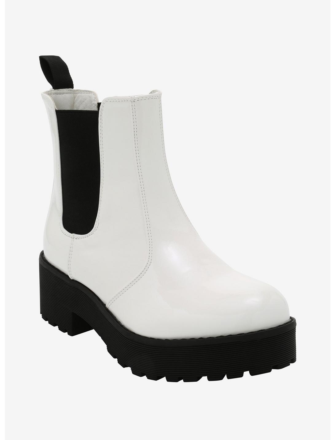 White Patent Slip-On Heeled Ankle Boots | Hot Topic