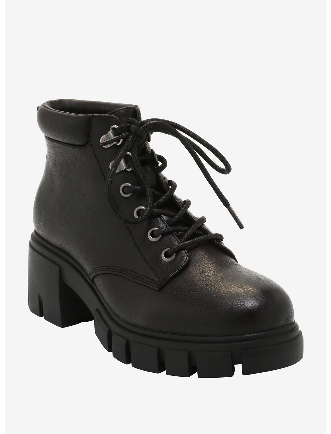 Black Faux Leather Lace-Up Heeled Ankle Boots, MULTI, hi-res