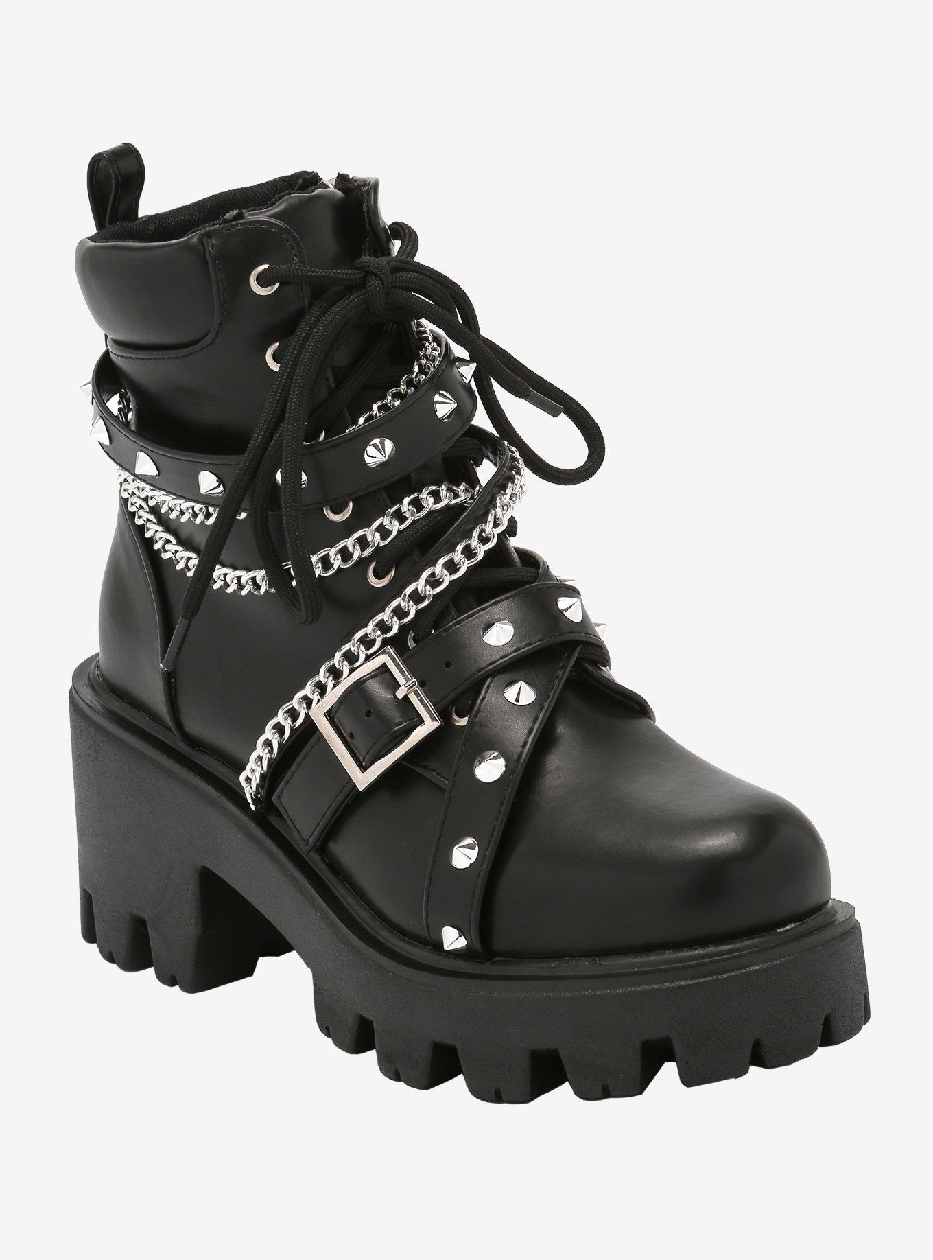Stud Strap & Chain Chunky Boots | Hot Topic