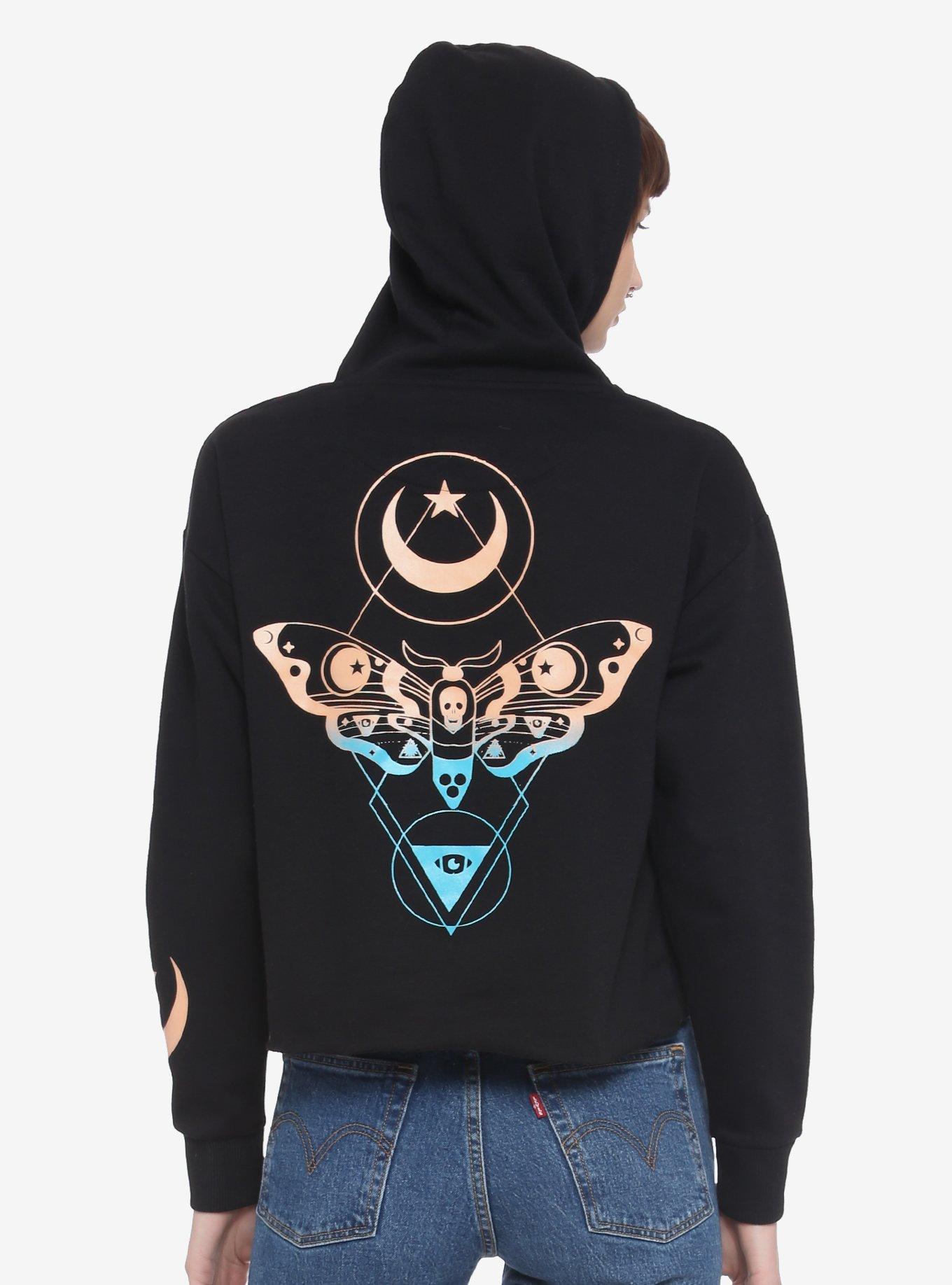 Ombre Death Moth Geometric Girls Crop Hoodie, BLACK, hi-res