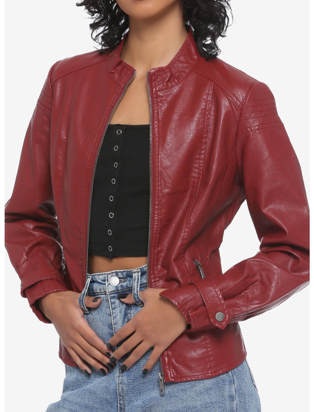 Burgundy Faux Leather Girls Jacket, MULTI, hi-res