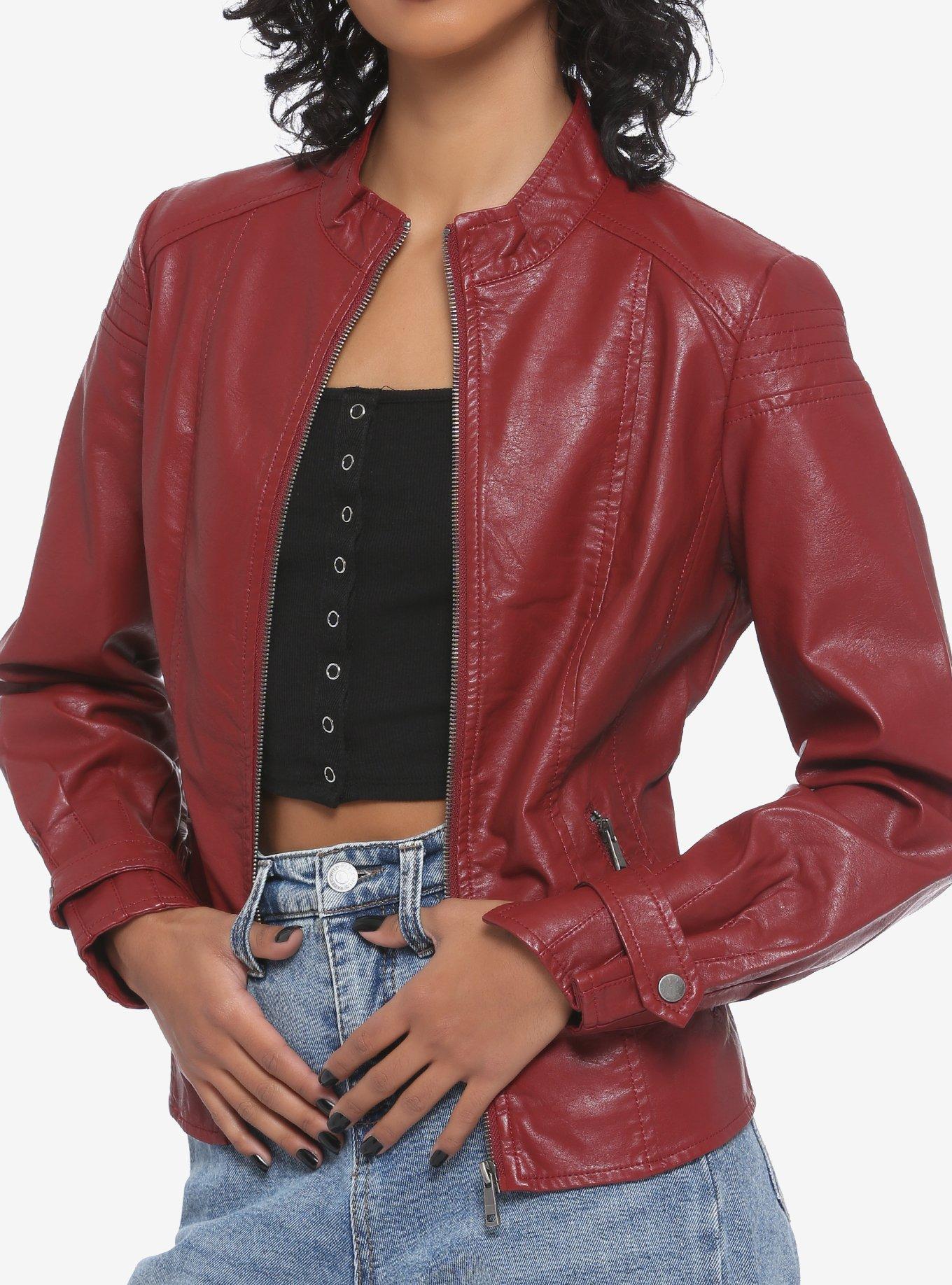 Burgundy Faux Leather Girls Jacket, MULTI, hi-res