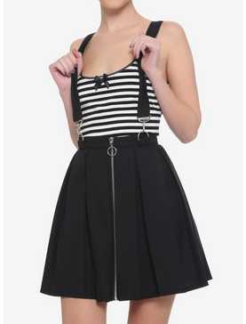 Black Pleated O-Ring Zipper Suspender Skirt, , hi-res