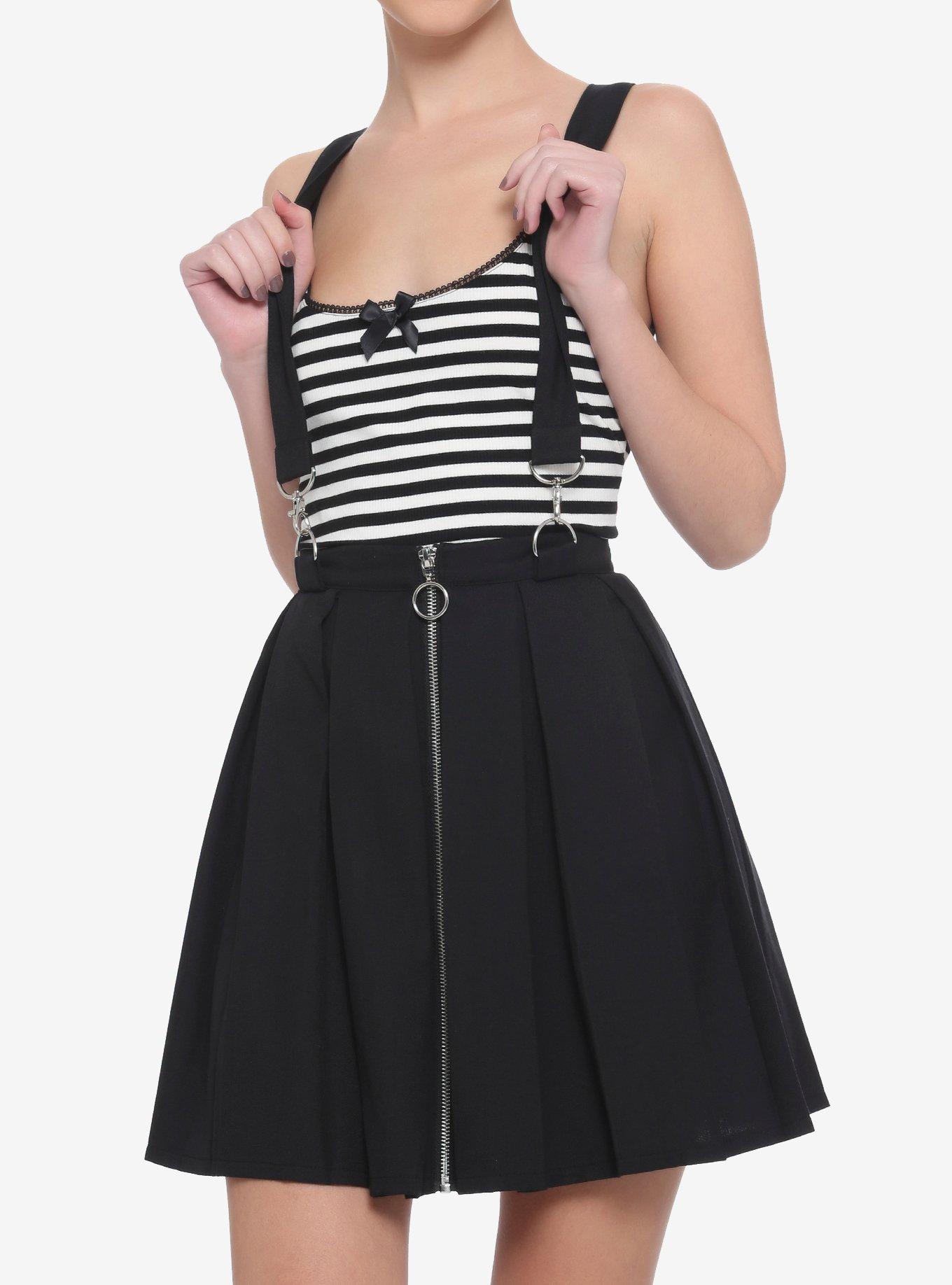 Black Pleated O-Ring Zipper Suspender Skirt, BLACK, hi-res