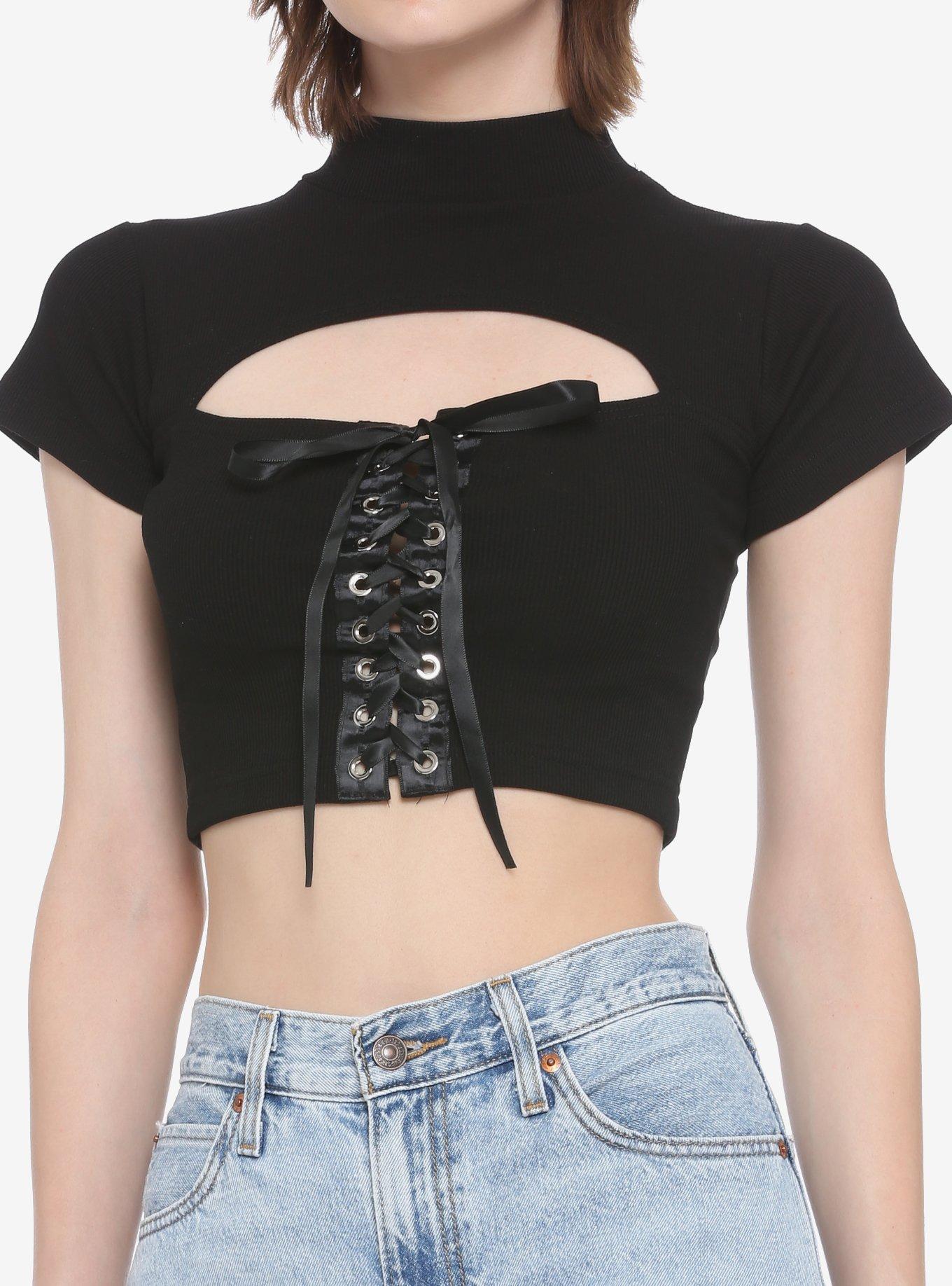 Black Lace-Up Cutout Mock Neck Girls Crop Top | Hot Topic