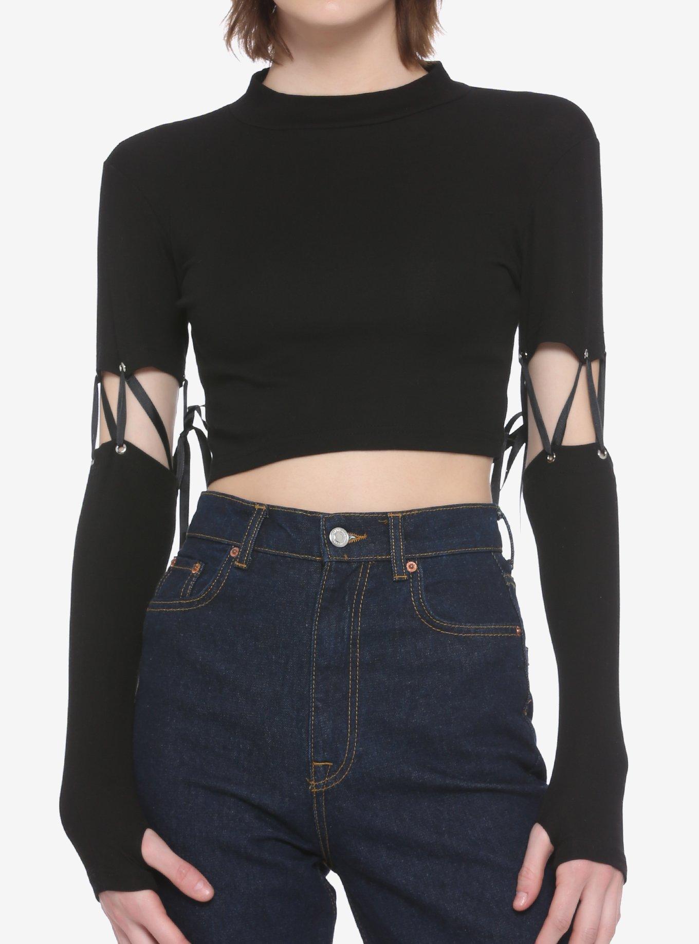 Black Mock Neck Lace-Up Sleeve Girls Long-Sleeve Crop Top