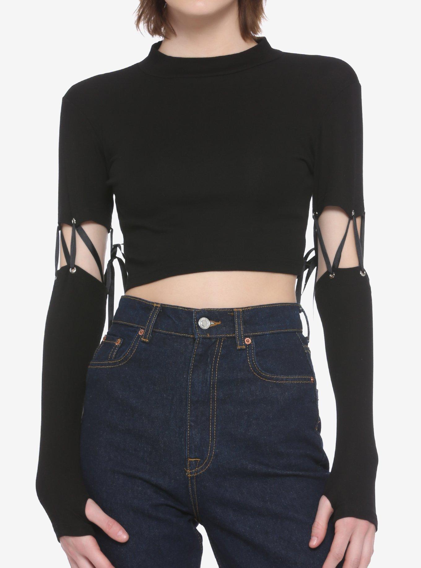 Black Mock Neck Lace Up Sleeve Girls Long Sleeve Crop Top Hot Topic