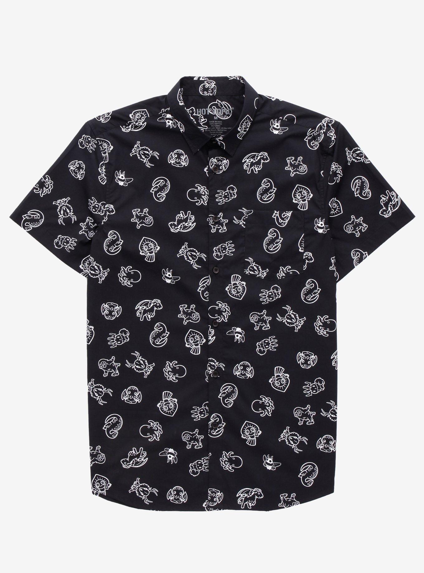 Black & White Cryptids Woven Button-Up, BLACK, hi-res
