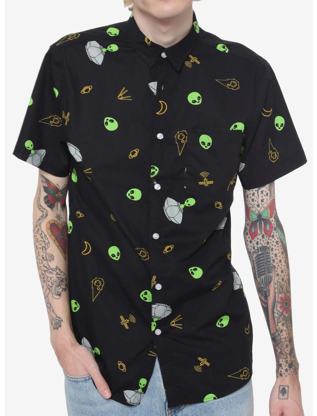 Aliens & Spaceships Woven Button-Up, BLACK, hi-res