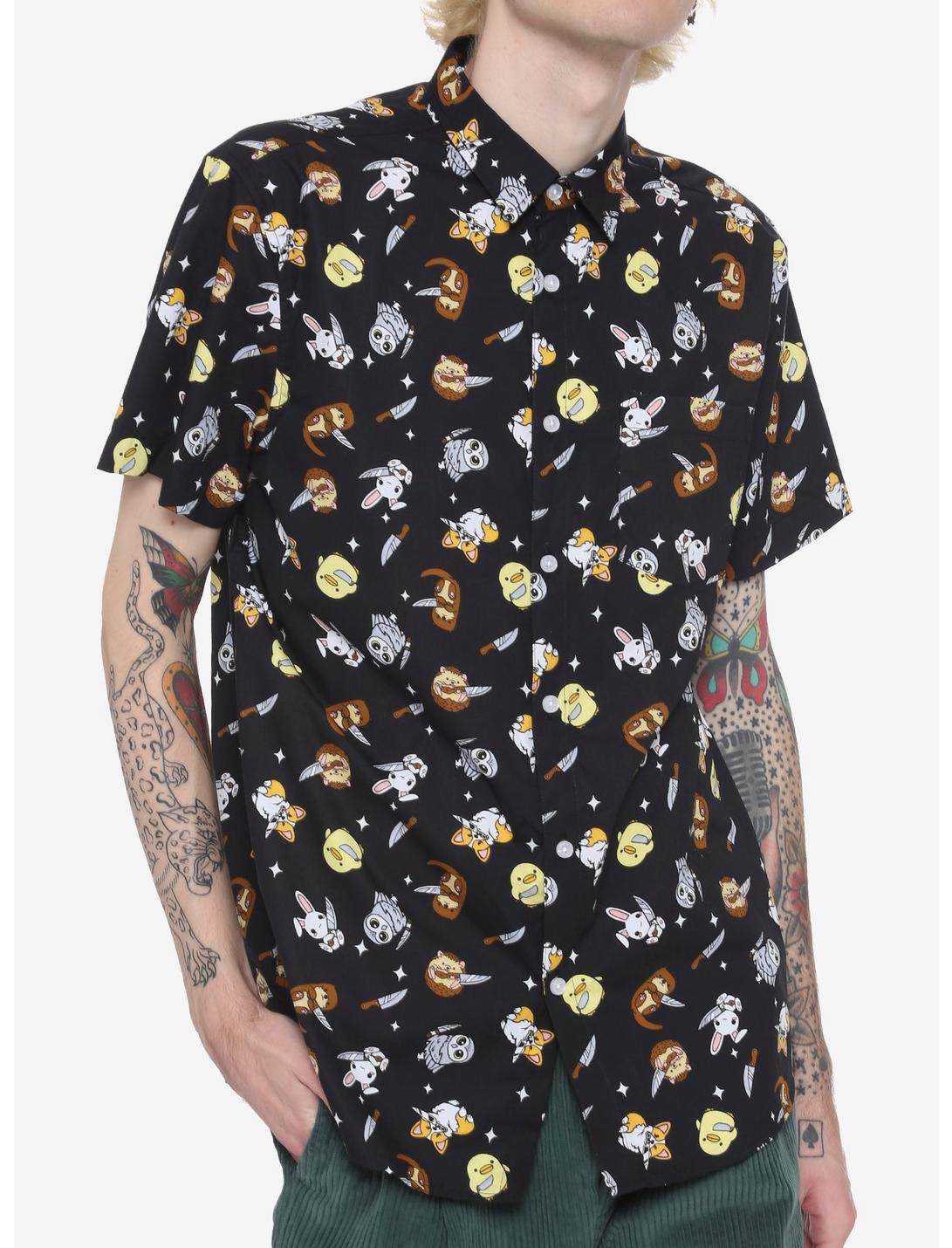 Cute Animals With Knives & Stars Woven Button-Up, BLACK, hi-res