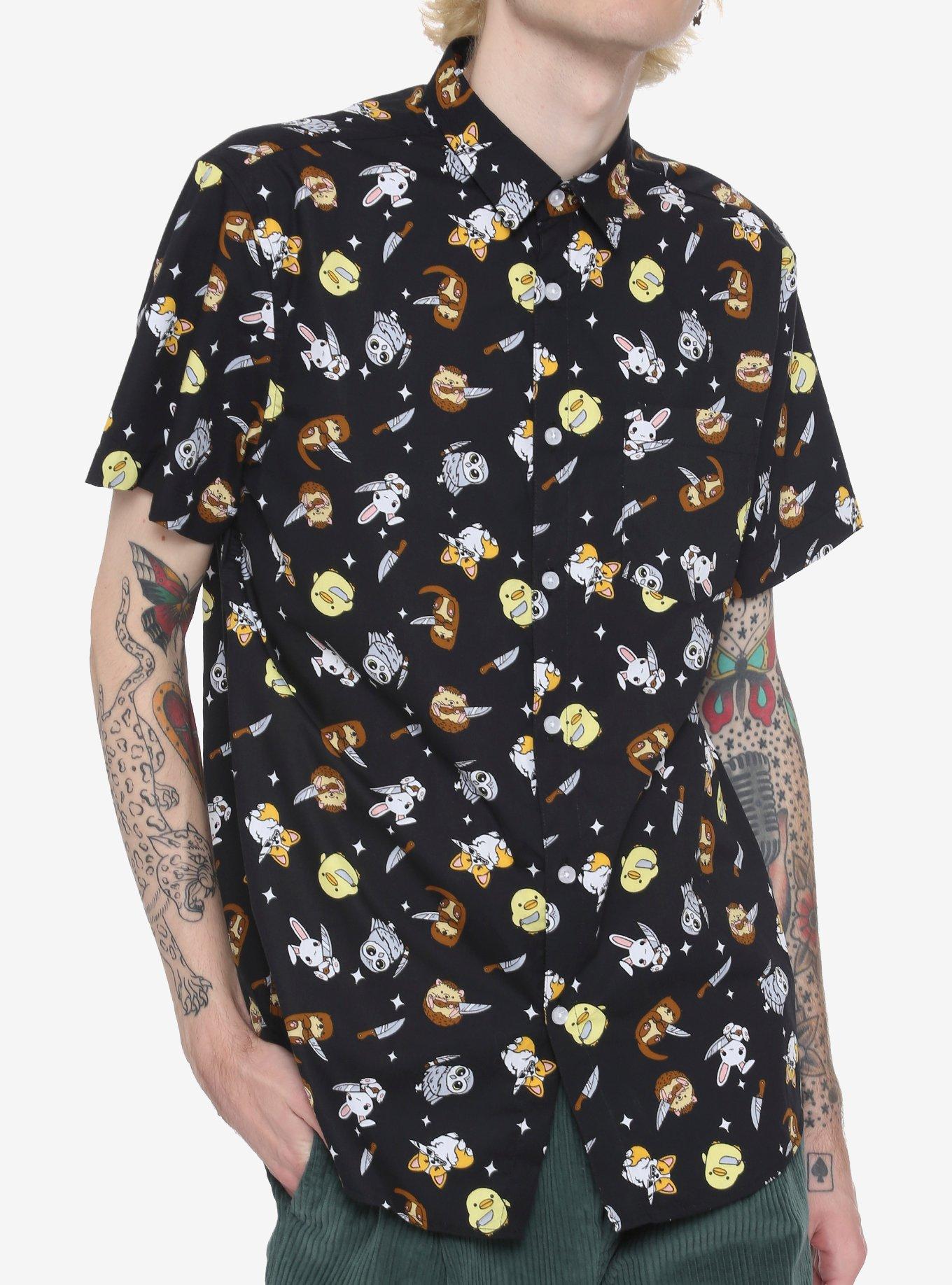 Cute Animals With Knives & Stars Woven Button-Up, BLACK, hi-res