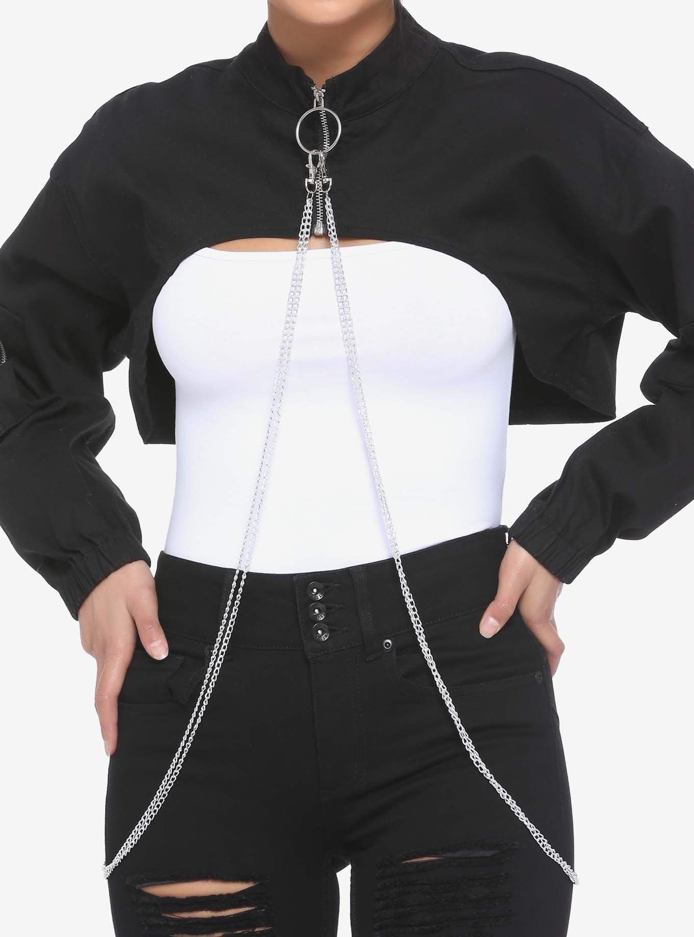 Black O-Ring & Chains Girls Crop Jacket, BLACK, hi-res