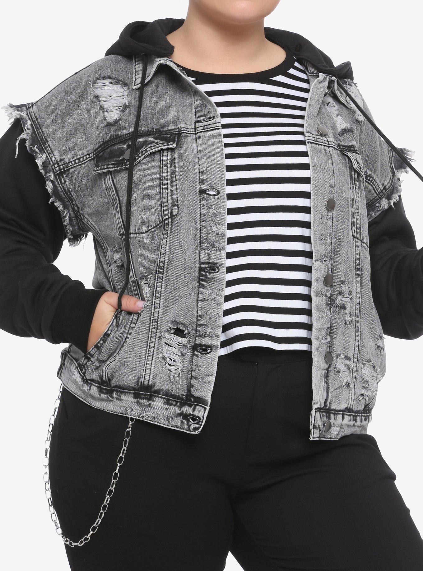 Grey & Black Destructed Girls Denim Jacket Plus Size, BLACK, hi-res