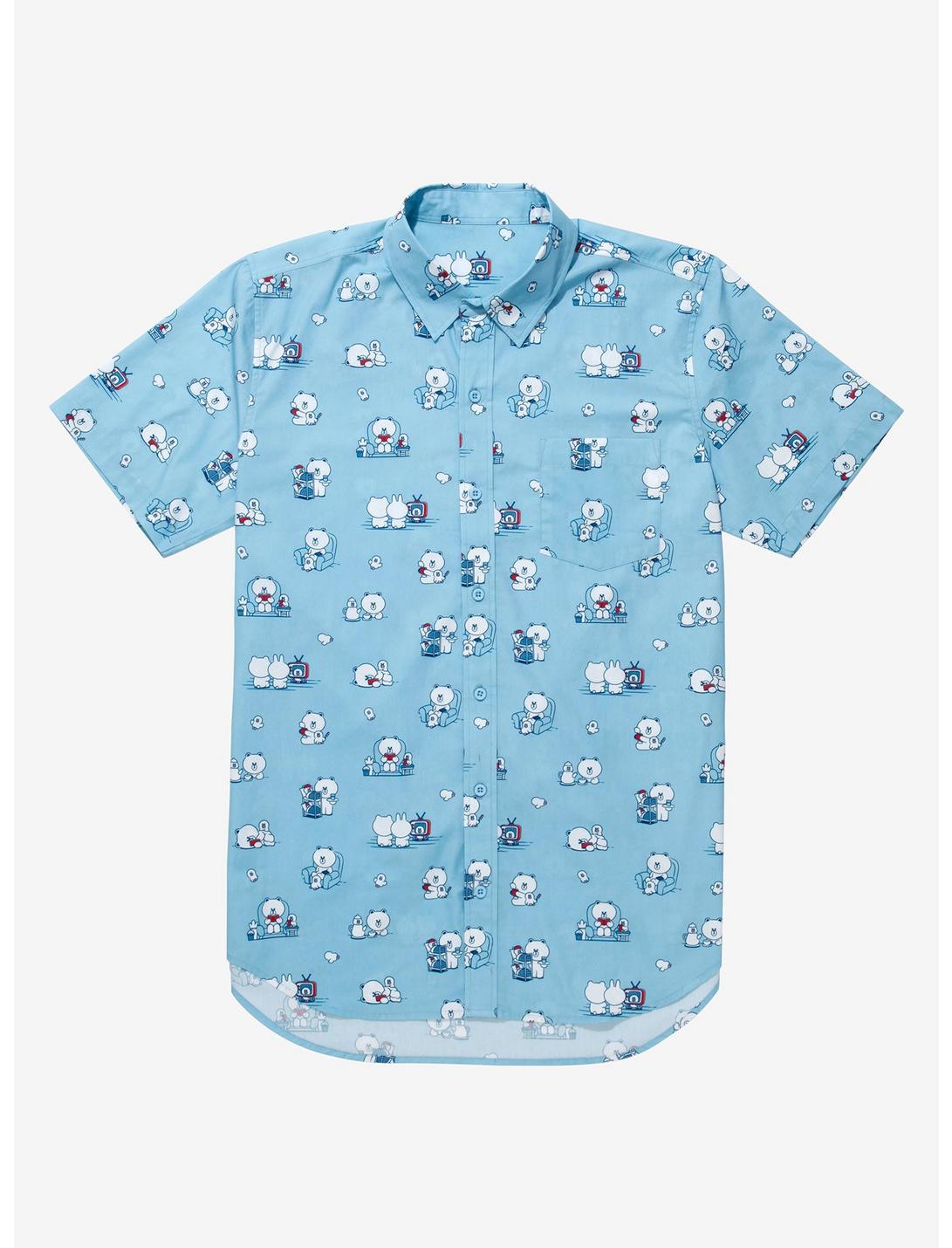 LINE FRIENDS BROWN & FRIENDS Allover Print Woven Button-Up - BoxLunch Exclusive, LIGHT BLUE, hi-res