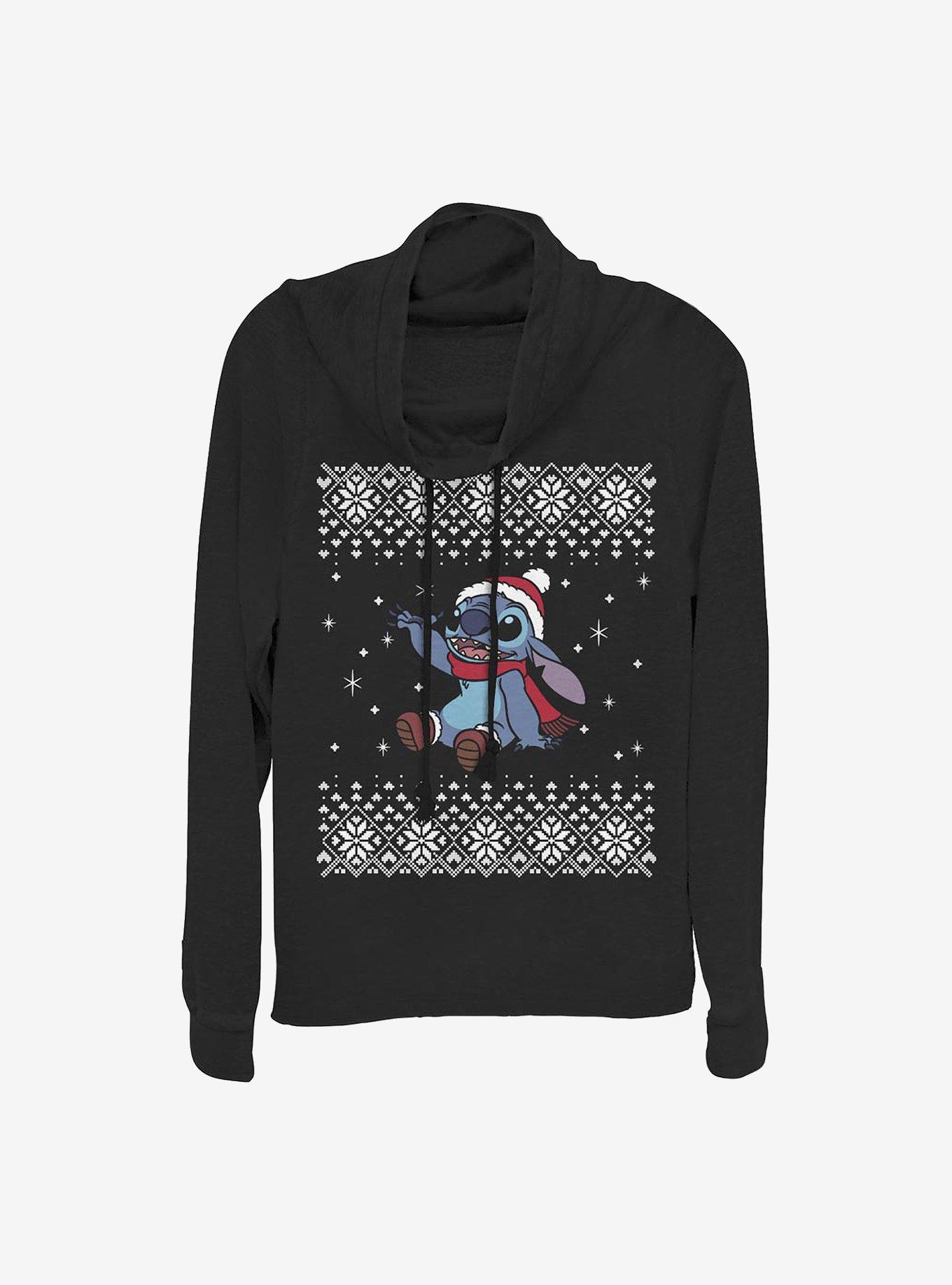 Disney Lilo & Stitch Stitch Christmas Front Cowlneck Long-Sleeve Girls Top, BLACK, hi-res