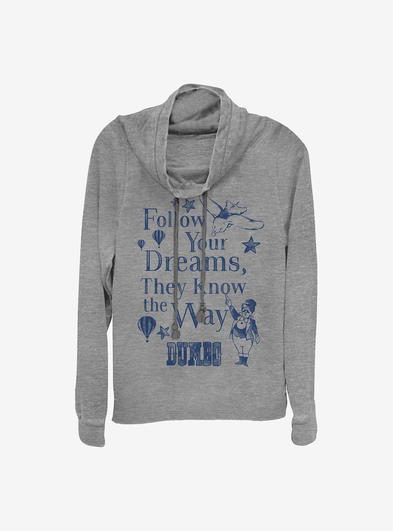 Disney Dumbo Follow Your Dreams Cowlneck Long-Sleeve Girls Top, GRAY HTR, hi-res