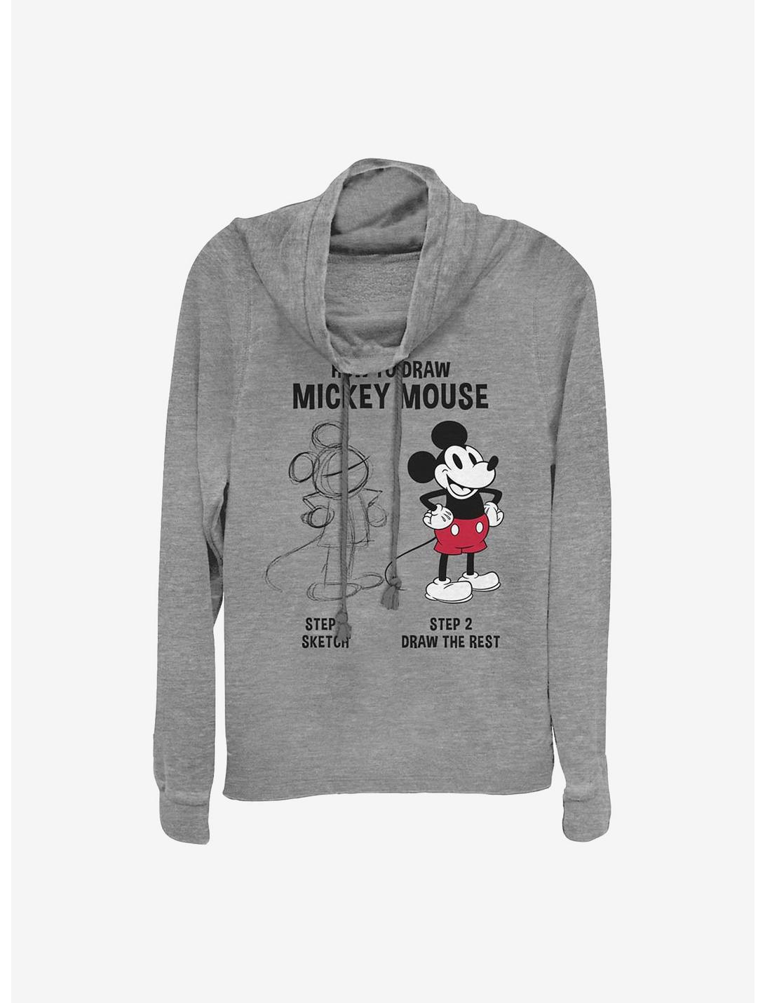 Disney Mickey Mouse Mickey Drawing Cowlneck Long-Sleeve Girls Top, GRAY HTR, hi-res
