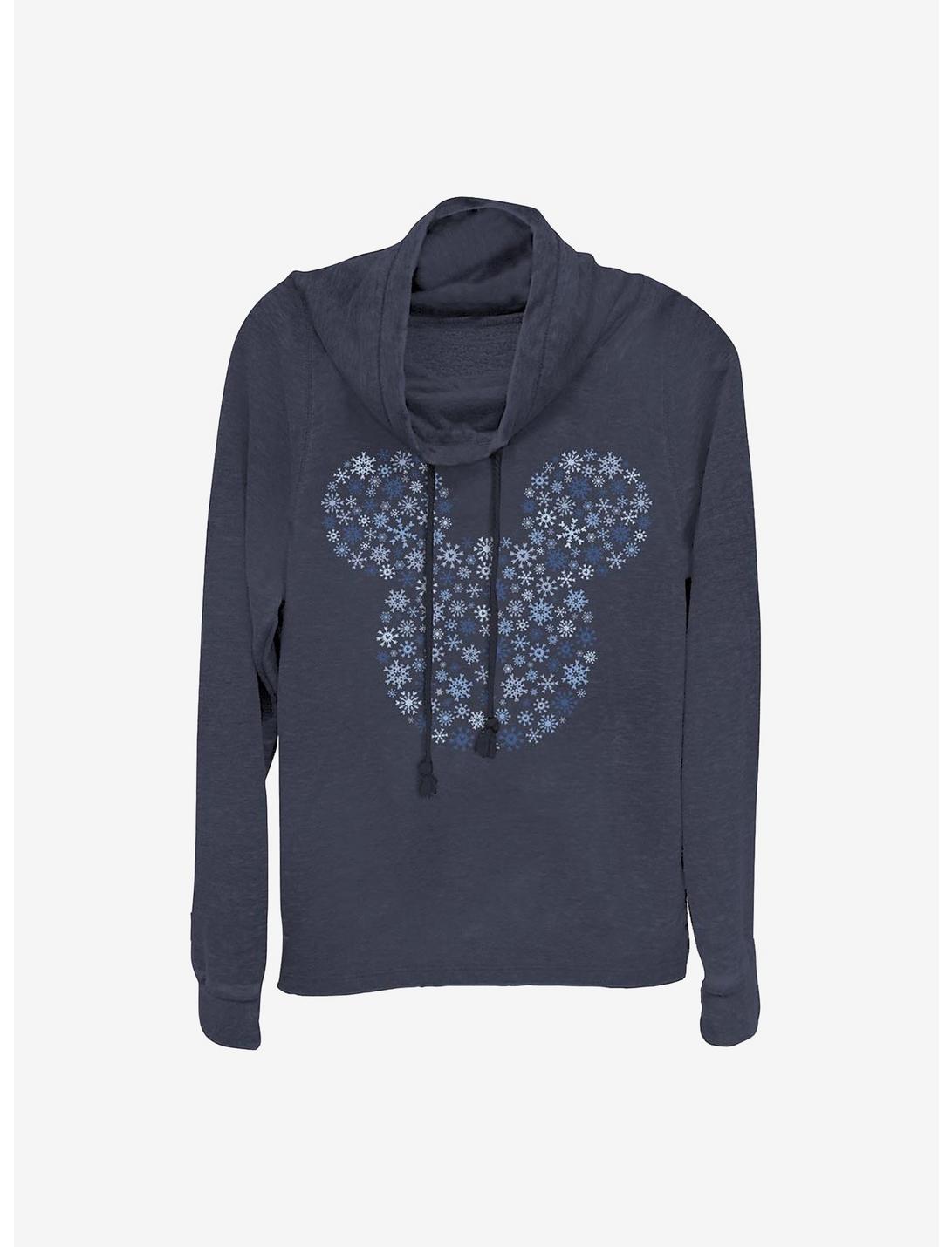 Disney Mickey Mouse Mickey Ear Snowflakes Cowlneck Long-Sleeve Girls Top, NAVY, hi-res