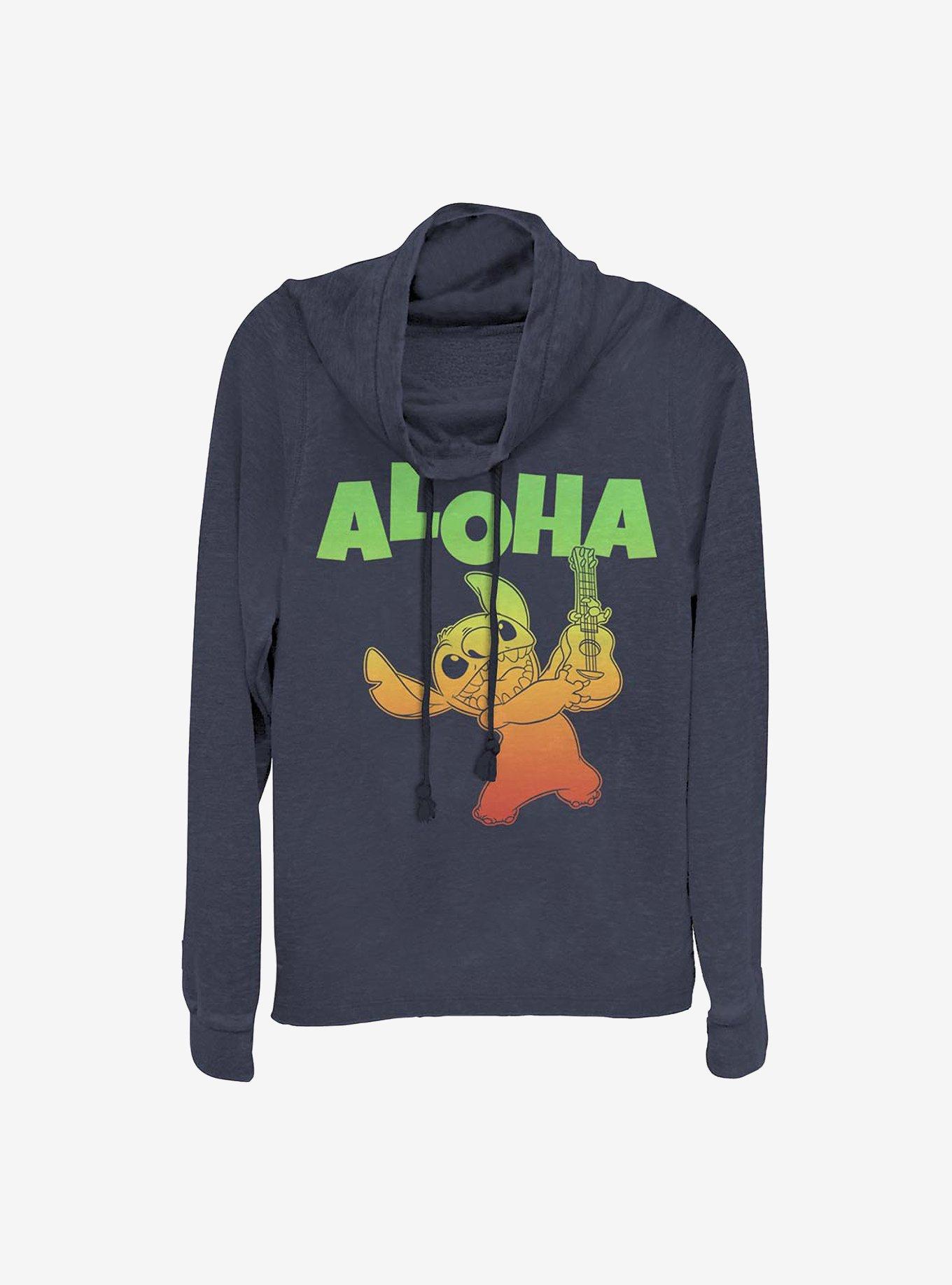 Disney Lilo & Stitch Aloha Stitch Cowlneck Long-Sleeve Girls Top, NAVY, hi-res