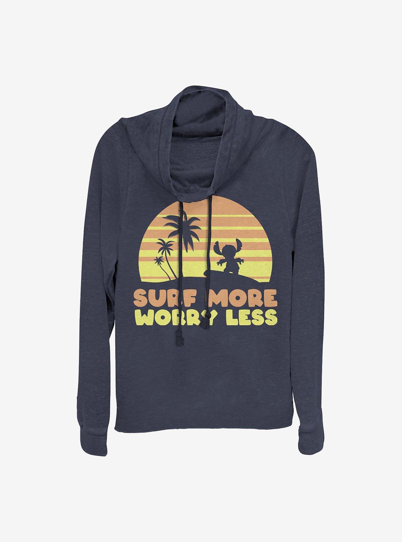 Disney Lilo & Stitch Stitch Surf More Worry Less Cowlneck Long-Sleeve Girls Top, NAVY, hi-res