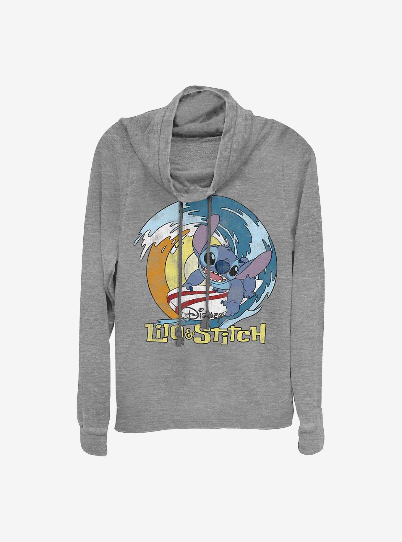 Disney Lilo & Stitch Stitch Surf Cowlneck Long-Sleeve Girls Top, GRAY HTR, hi-res