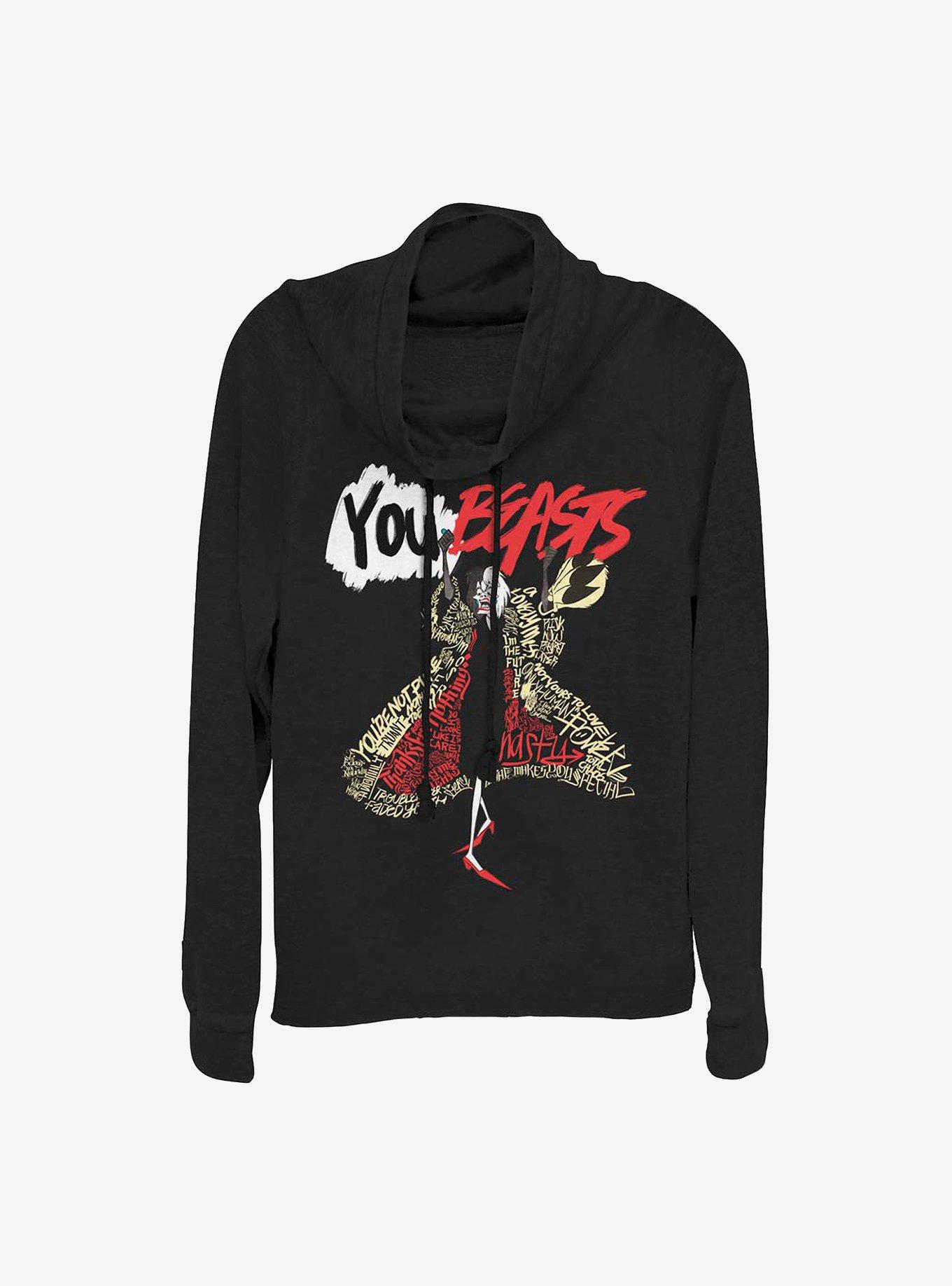 Disney Villains Cruella Word Fill Cowlneck Long-Sleeve Girls Top, BLACK, hi-res